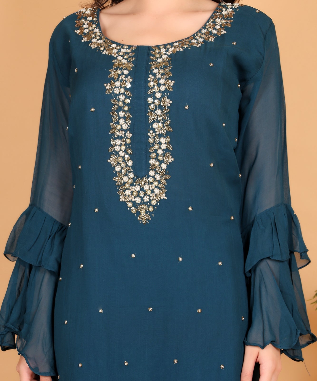 Teal Green Suit with Sharara in Georgette with Hand Embroidery