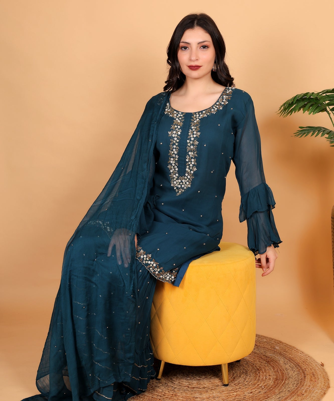 Teal Green Suit with Sharara in Georgette with Hand Embroidery