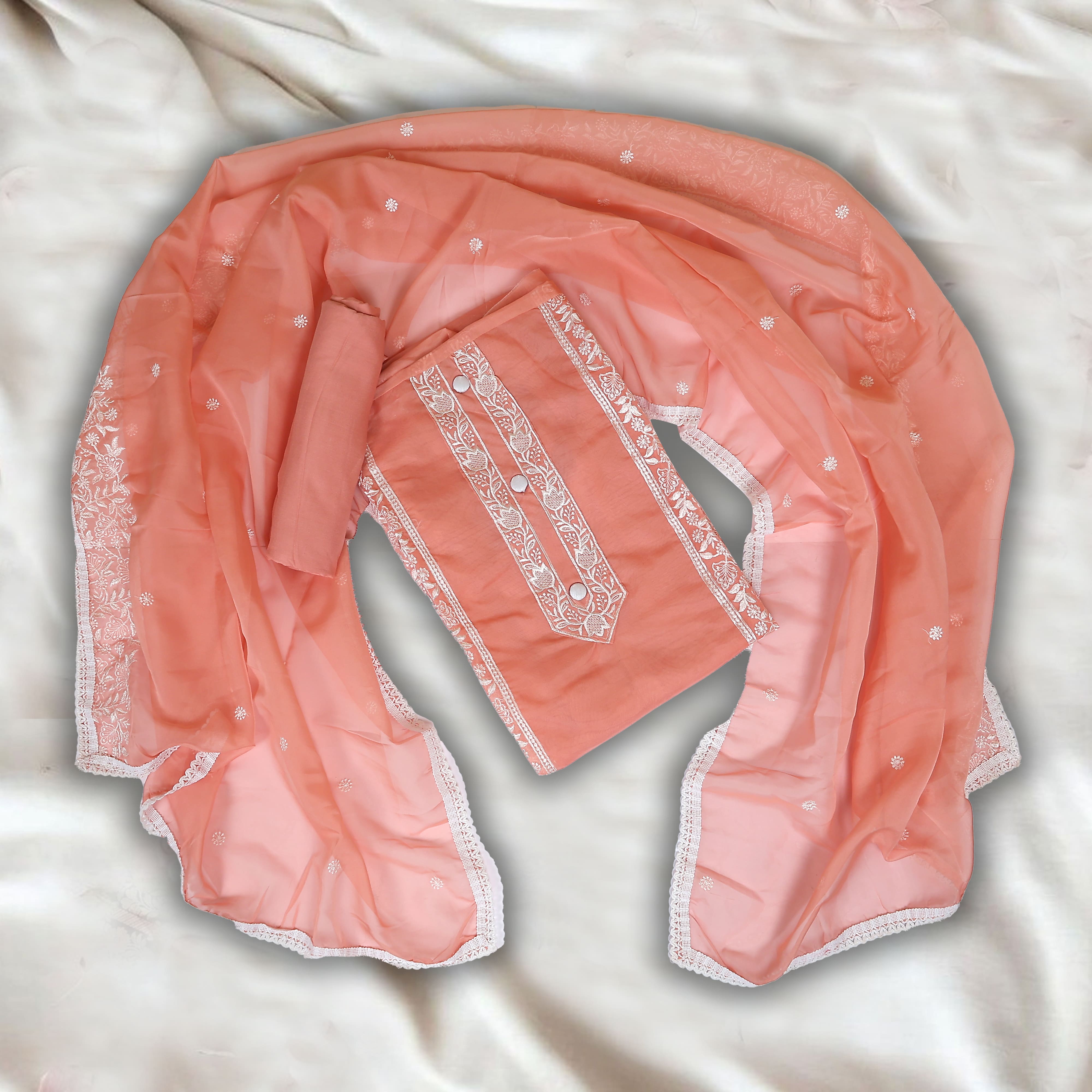 PEACH UNSTITCHED SUIT IN ORGANZA FABRIC