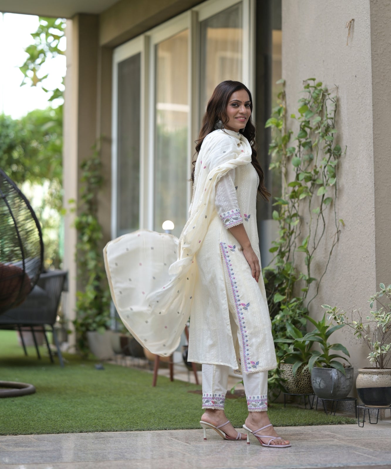 White Suit with Pants in Mul Cotton with Handwork