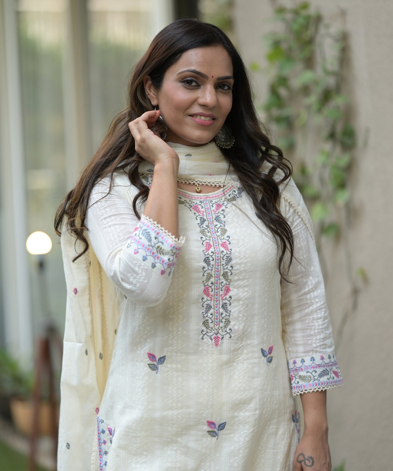 White Suit with Pants in Mul Cotton with Handwork