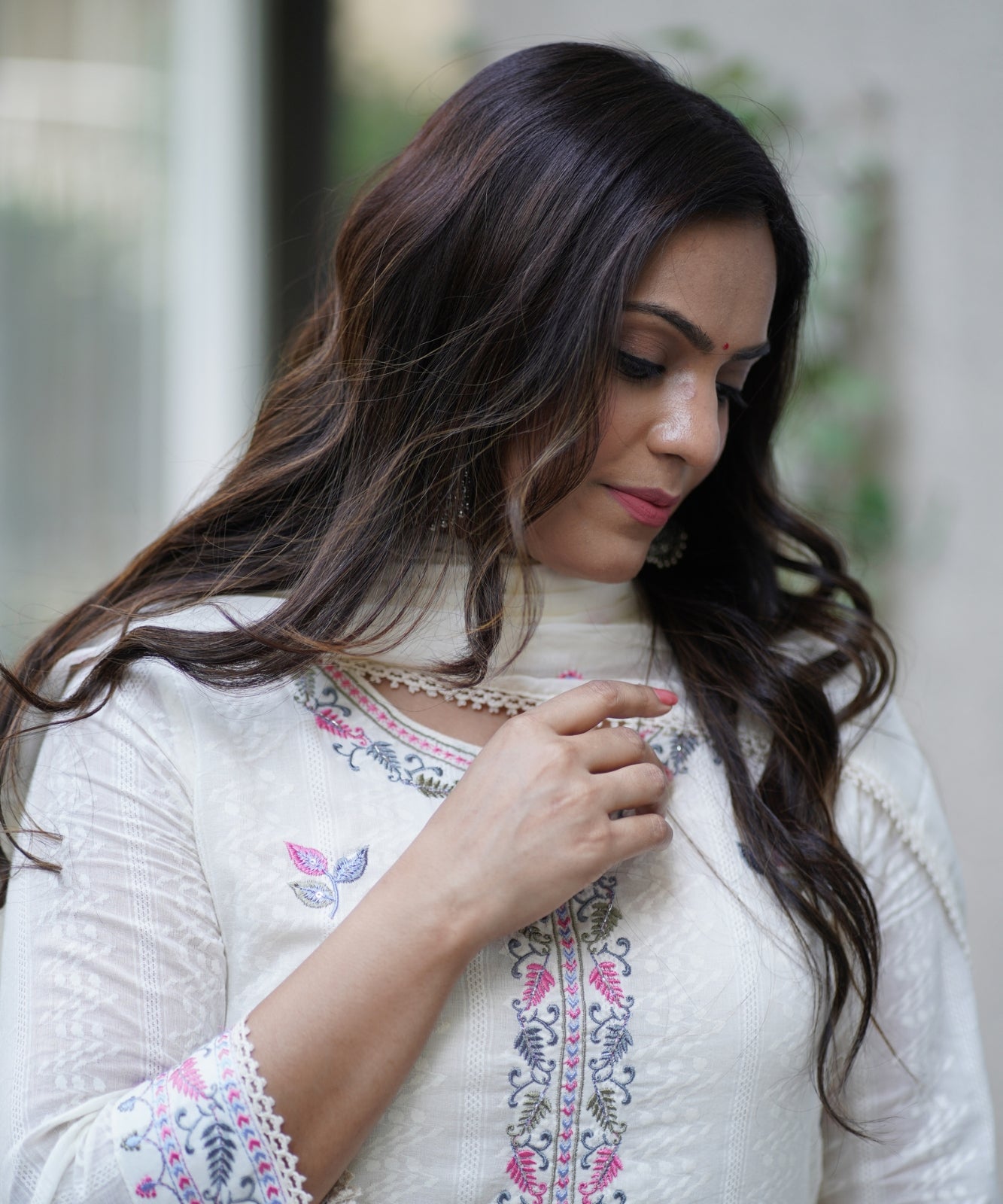 White Suit with Pants in Mul Cotton with Handwork
