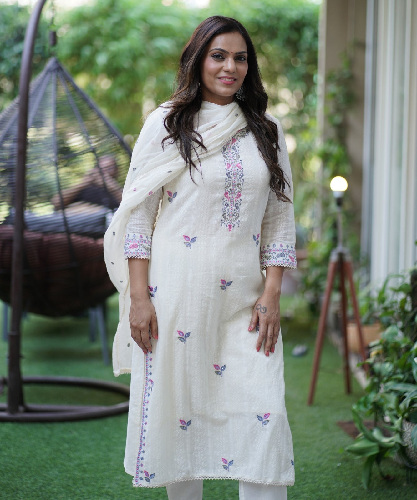White Suit with Pants in Mul Cotton with Handwork