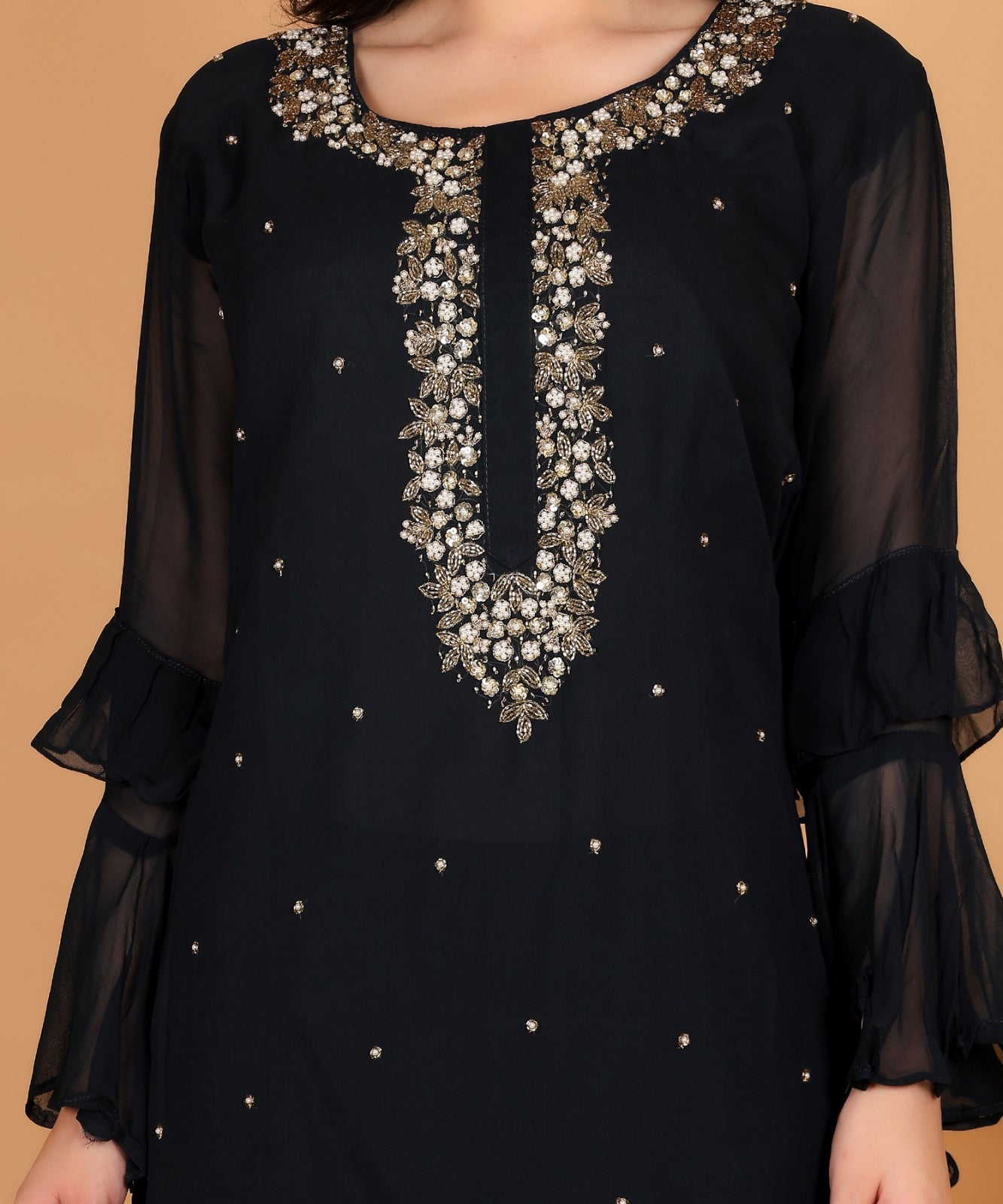 Black Suit with Sharara in Georgette with Hand Embroidery