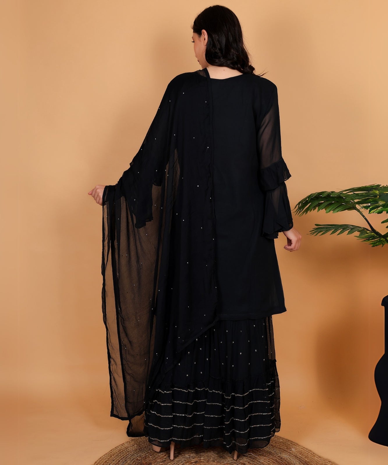 Black Suit with Sharara in Georgette with Hand Embroidery