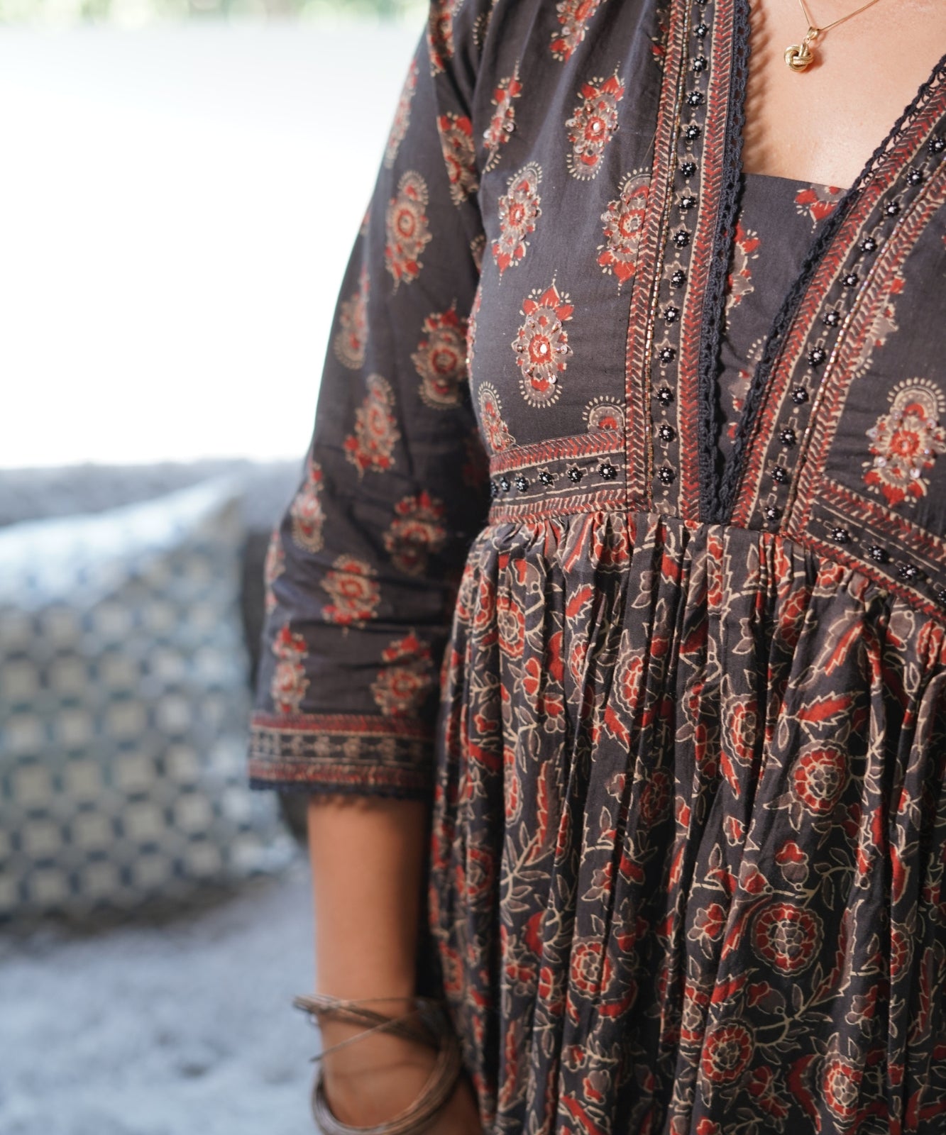 Brown Anarkali Suit with Pants in Cotton Fabric