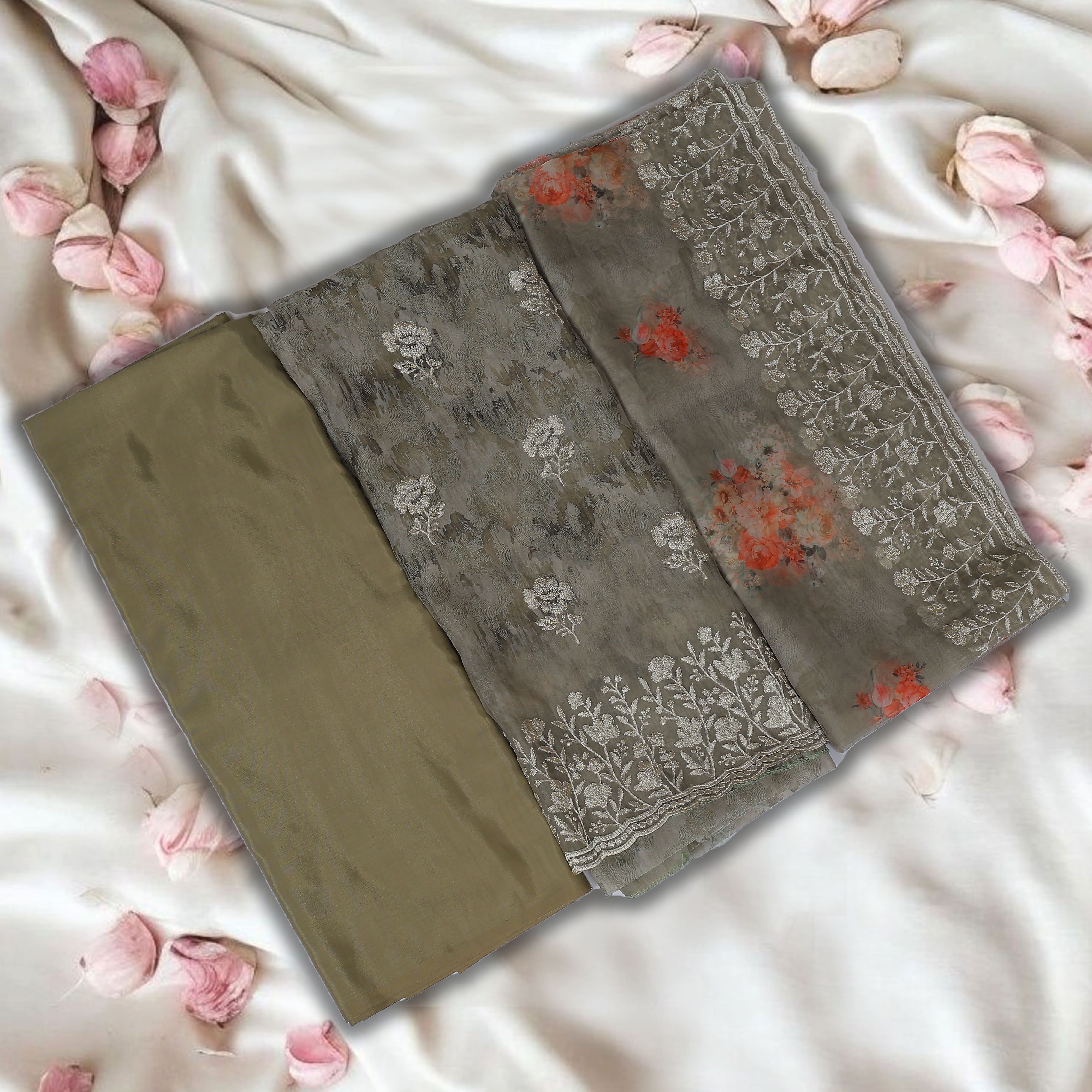 BEIGE GREY UNSTITCHED SUIT IN ORGANZA FABRIC