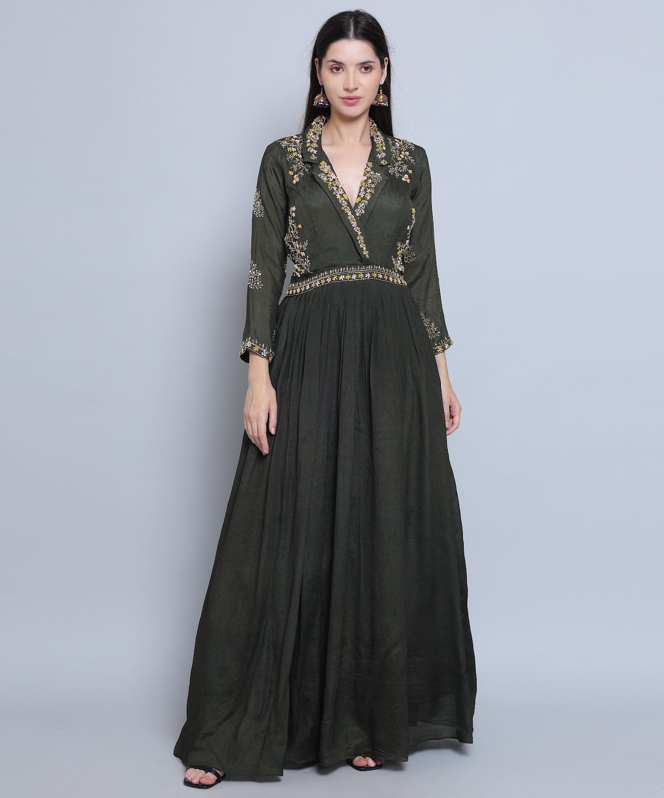 Green Gown in Chinon Fabric with Hand Embroidery