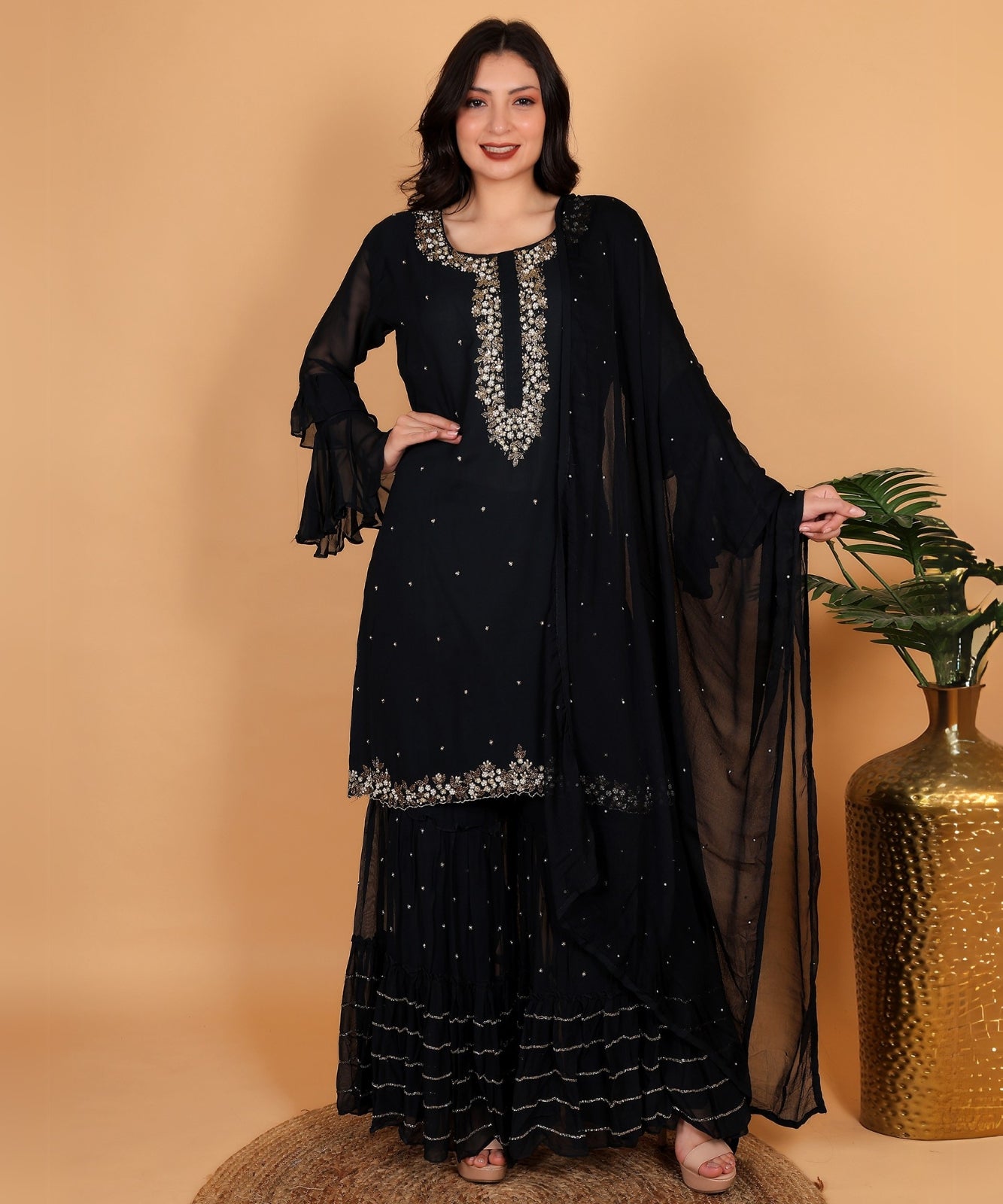 Black Suit with Sharara in Georgette with Hand Embroidery