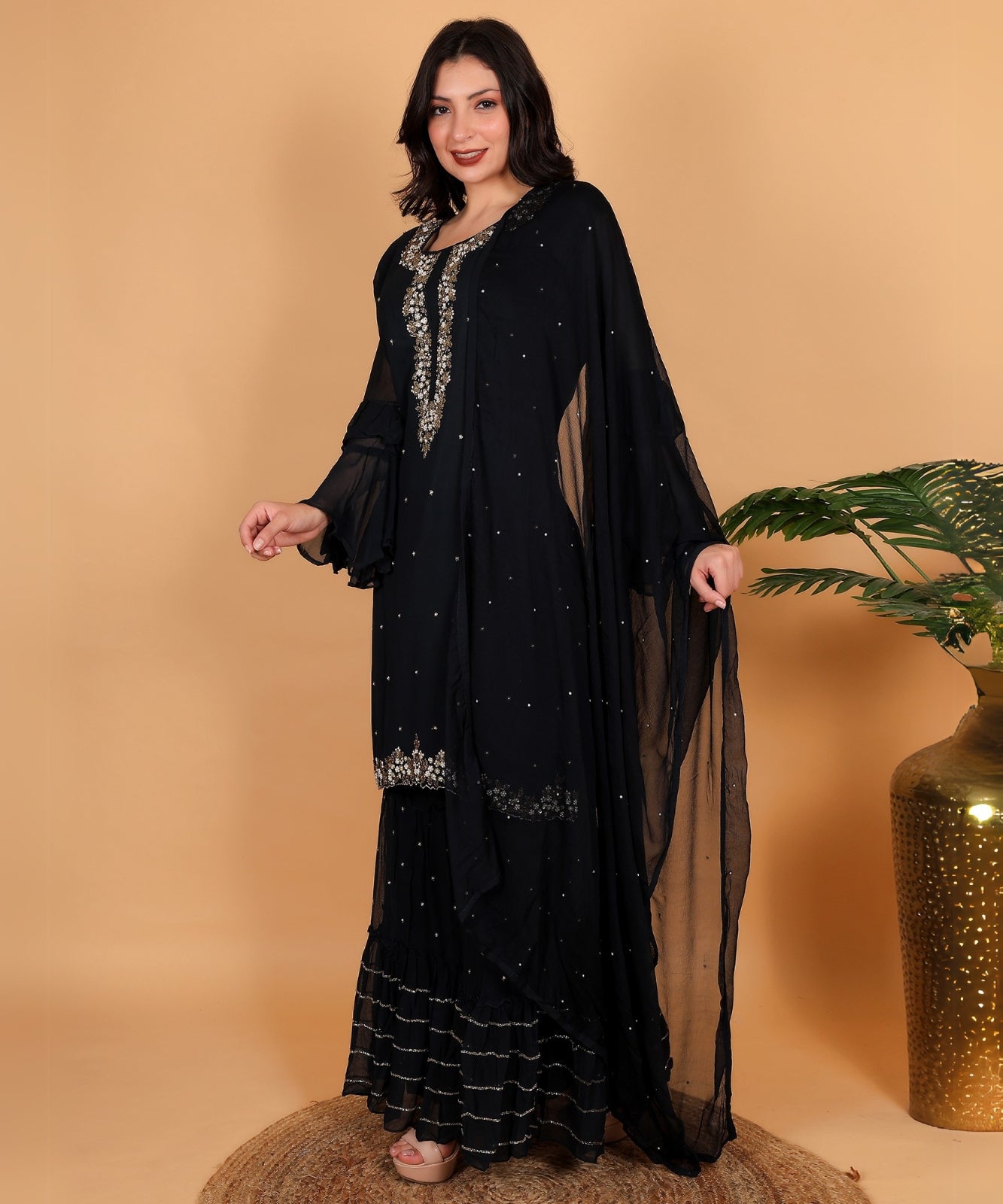 Black Suit with Sharara in Georgette with Hand Embroidery
