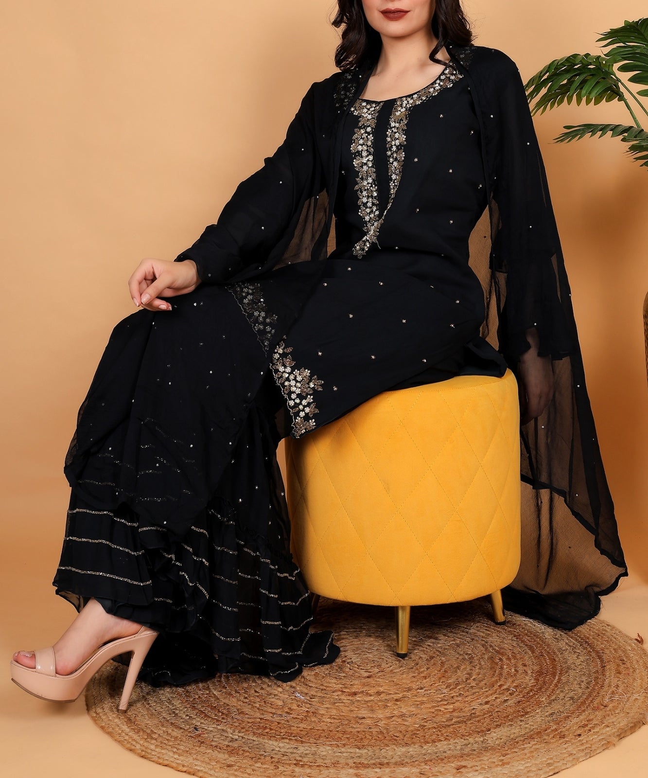 Black Suit with Sharara in Georgette with Hand Embroidery