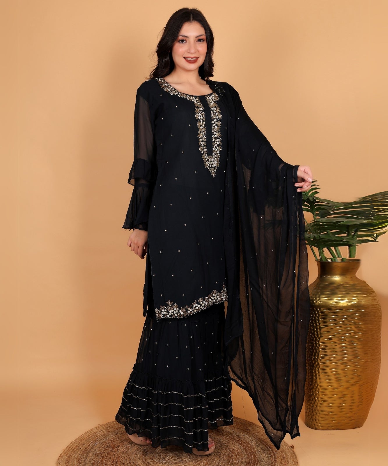 Black Suit with Sharara in Georgette with Hand Embroidery