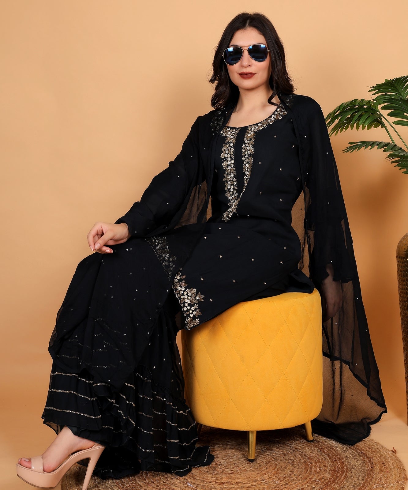 Black Suit with Sharara in Georgette with Hand Embroidery