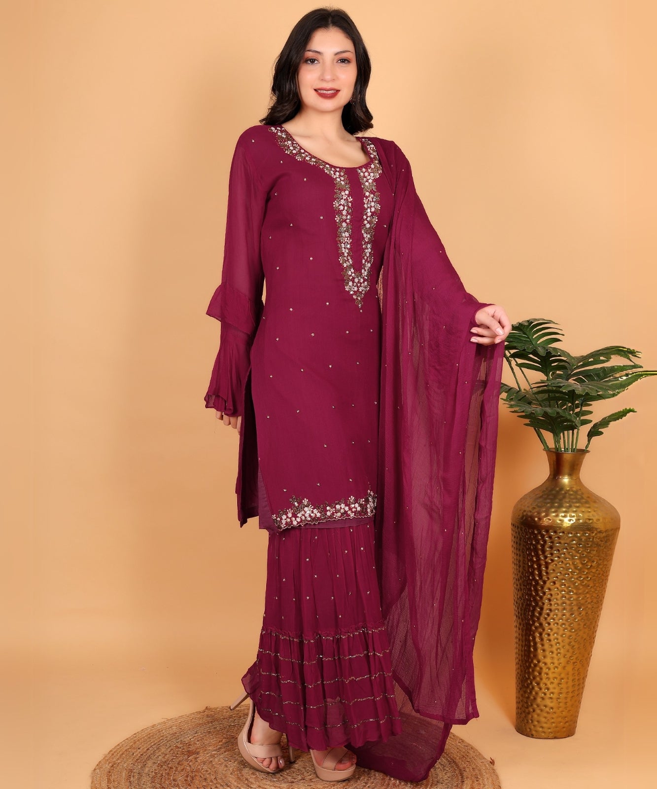 Magenta Suit with Sharara in Georgette with Hand Embroidery