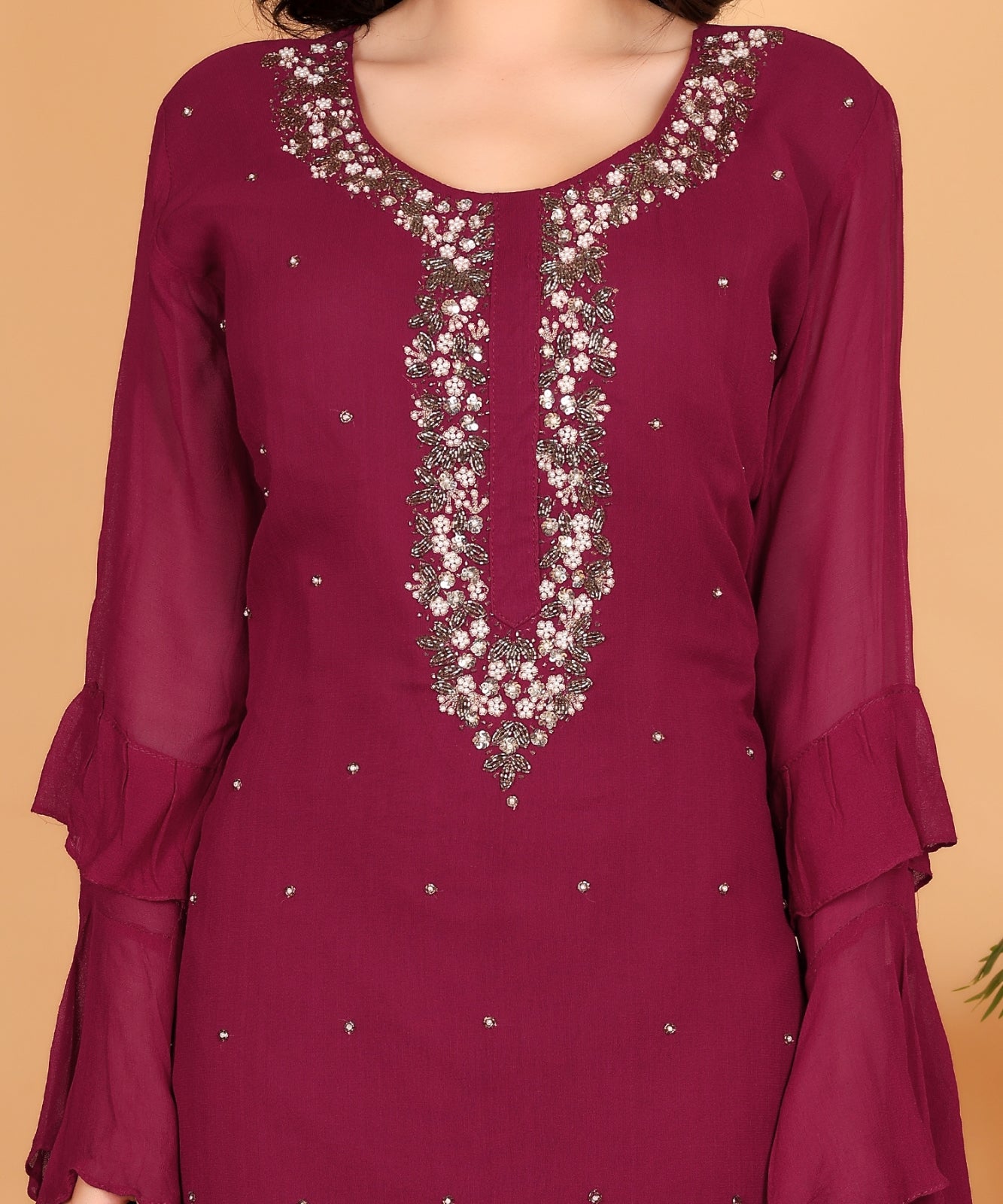Magenta Suit with Sharara in Georgette with Hand Embroidery