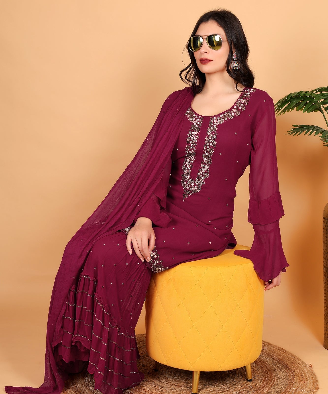 Magenta Suit with Sharara in Georgette with Hand Embroidery