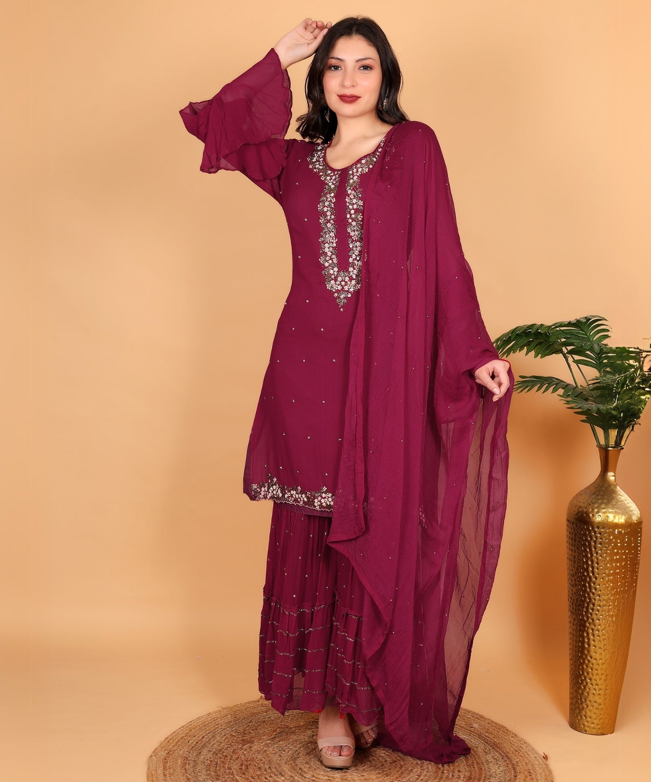 Magenta Suit with Sharara in Georgette with Hand Embroidery