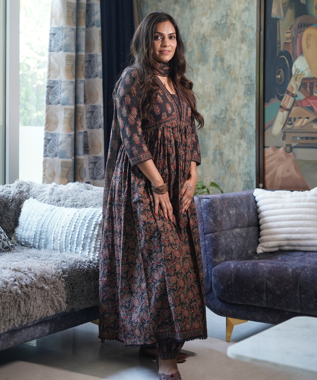 Brown Anarkali Suit with Pants in Cotton Fabric