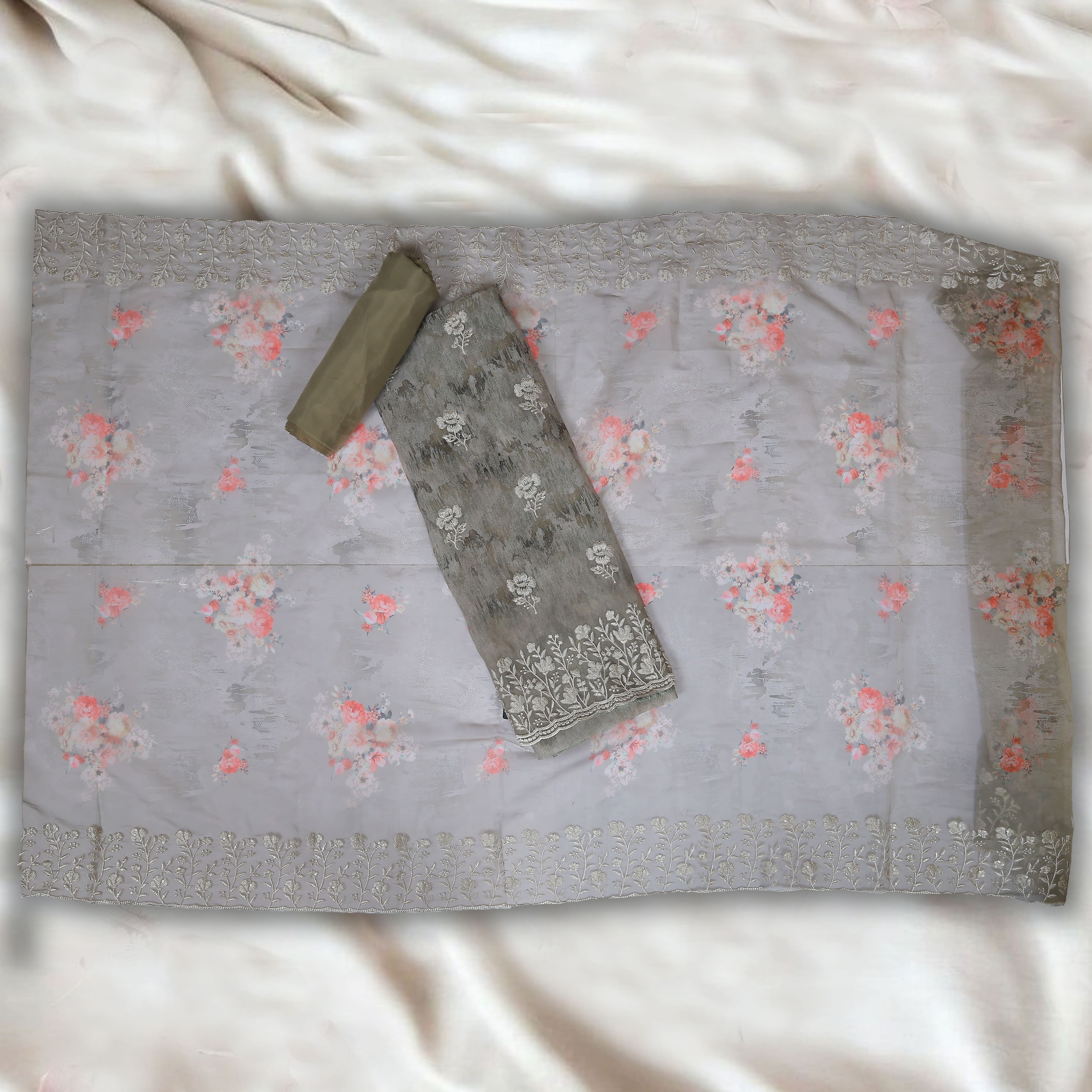 BEIGE GREY UNSTITCHED SUIT IN ORGANZA FABRIC