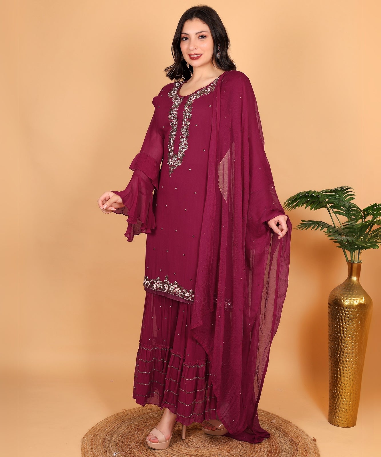 Magenta Suit with Sharara in Georgette with Hand Embroidery