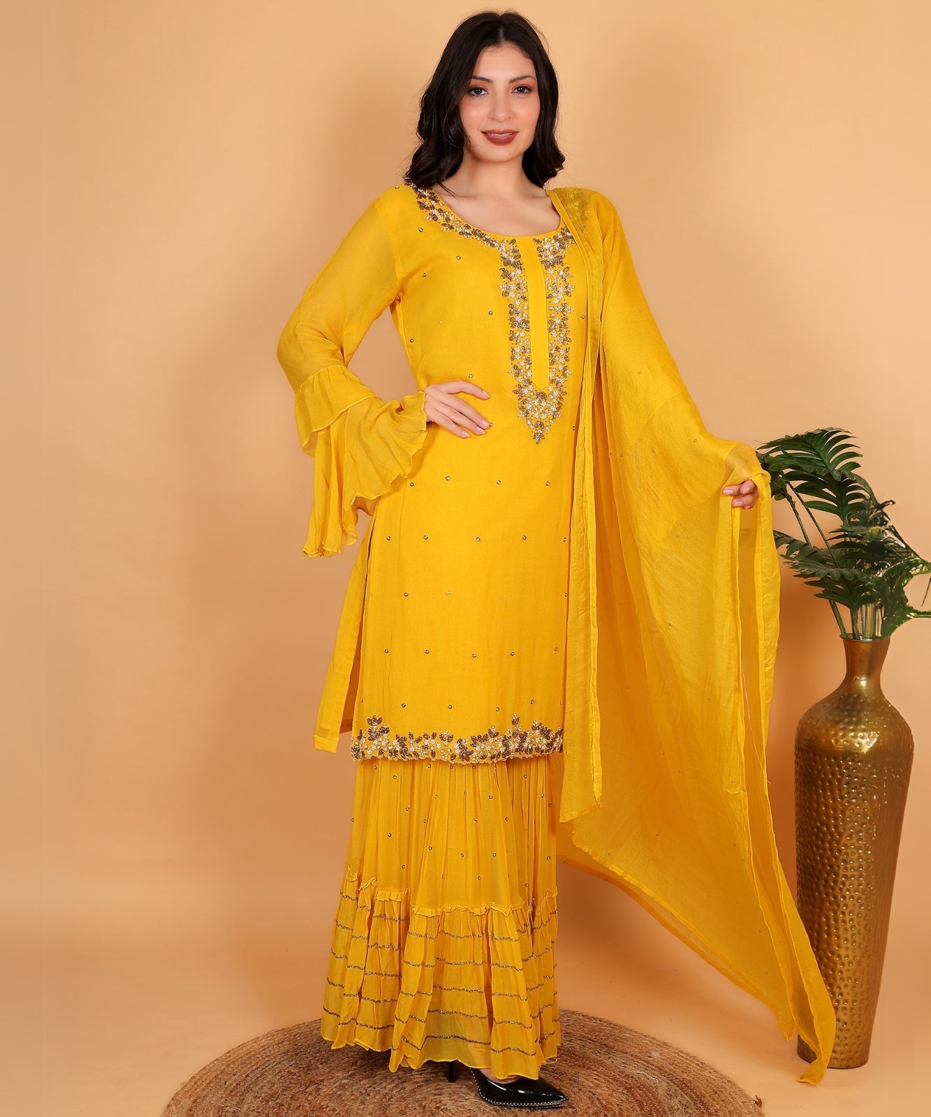 Yellow Suit with Sharara in Georgette with Hand Embroidery