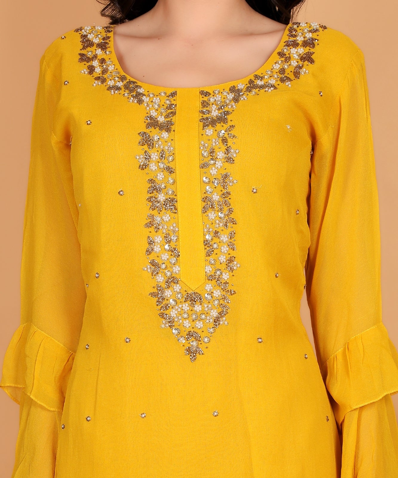 Yellow Suit with Sharara in Georgette with Hand Embroidery