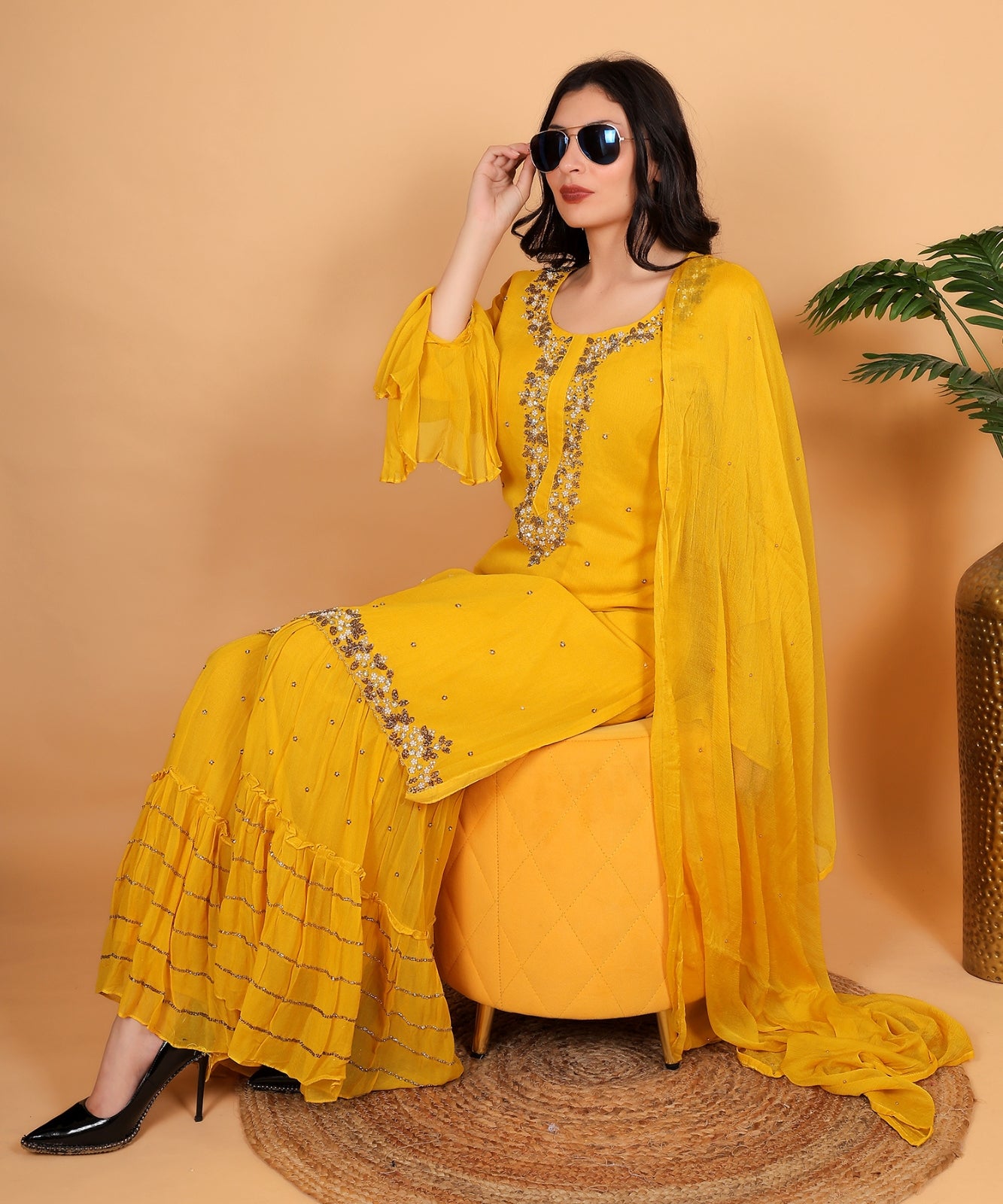 Yellow Suit with Sharara in Georgette with Hand Embroidery