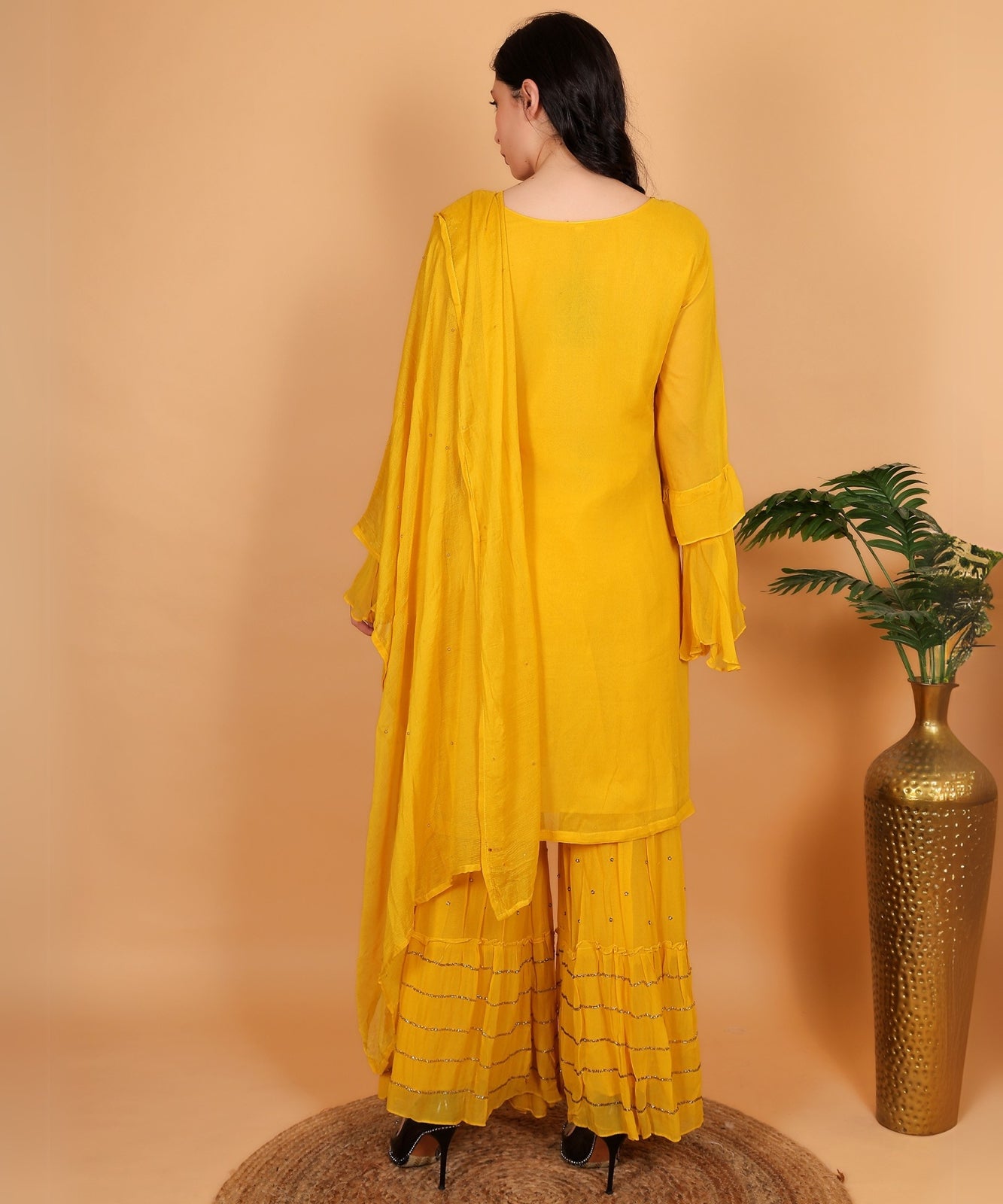 Yellow Suit with Sharara in Georgette with Hand Embroidery