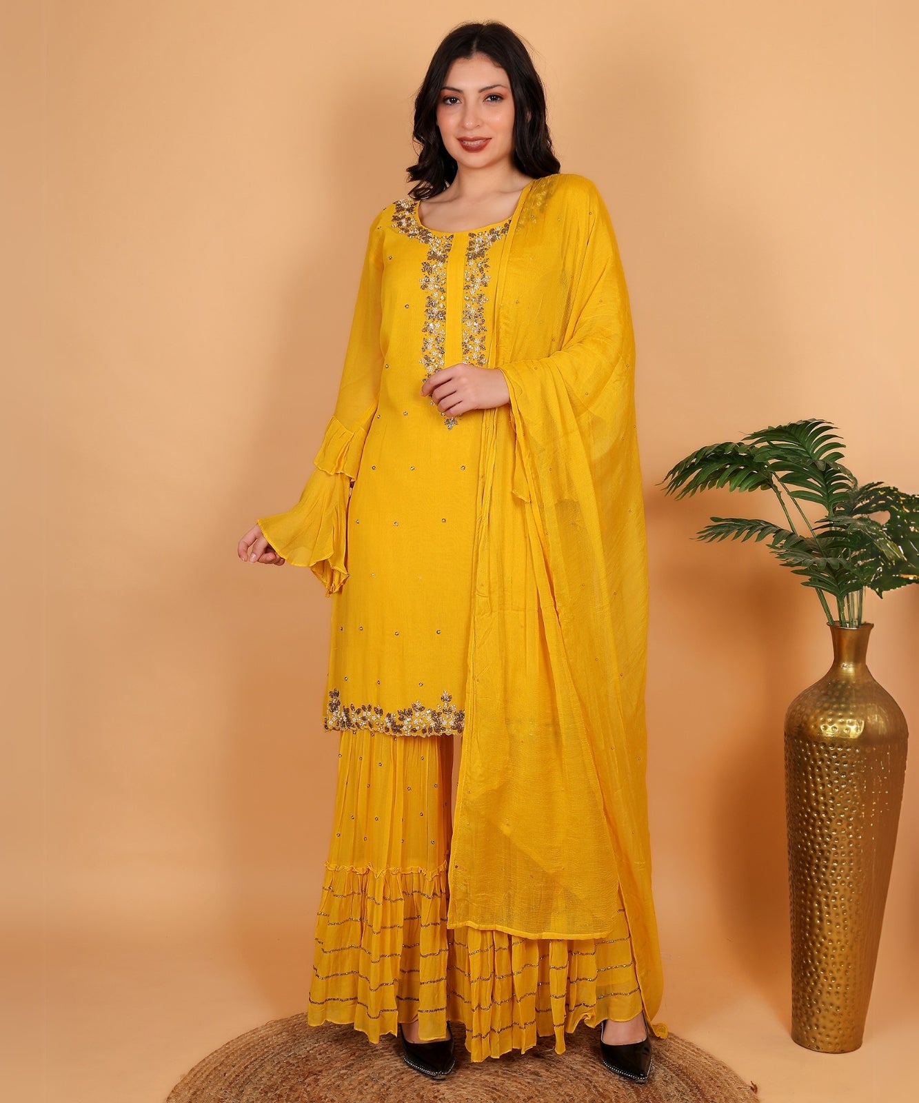 Yellow Suit with Sharara in Georgette with Hand Embroidery