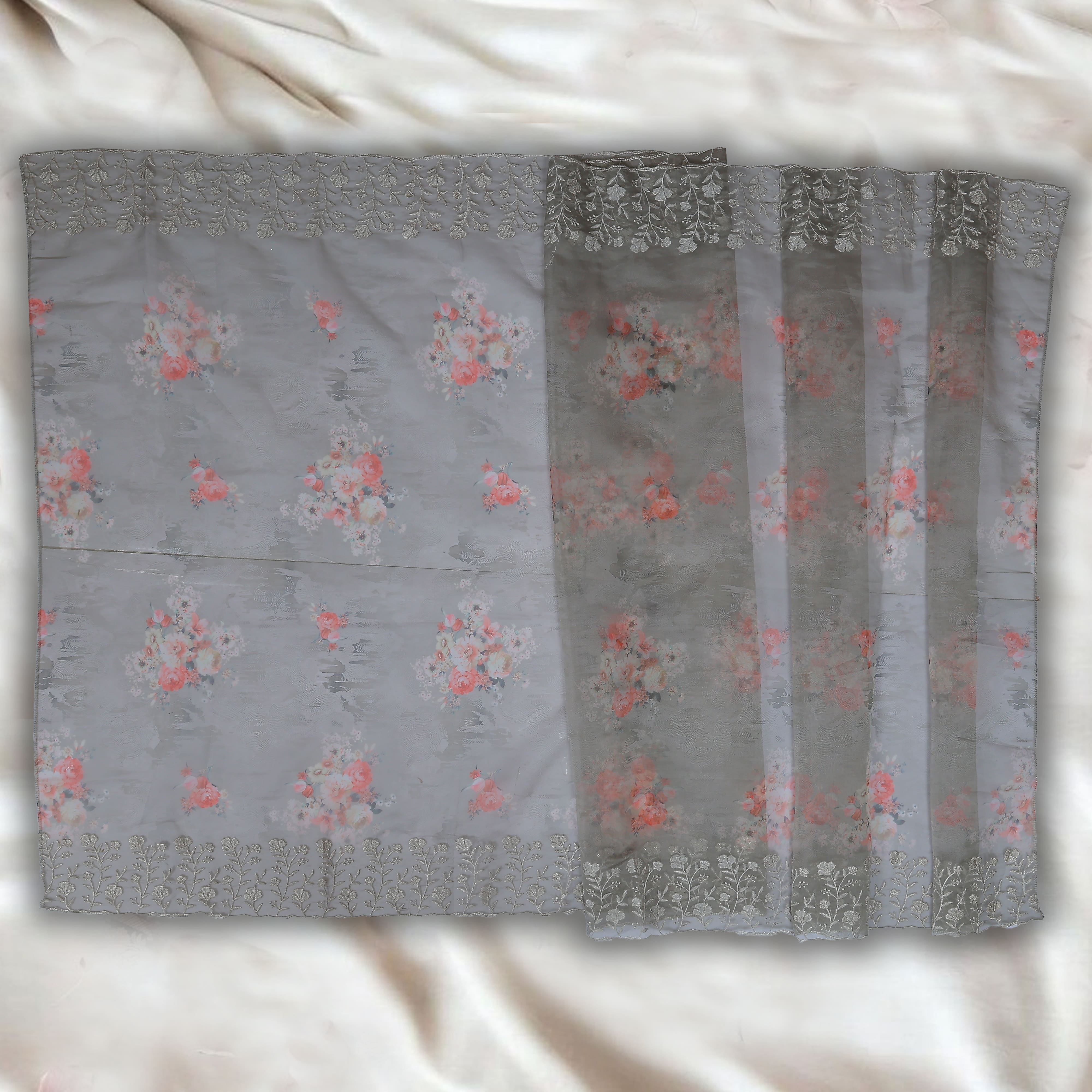 BEIGE GREY UNSTITCHED SUIT IN ORGANZA FABRIC