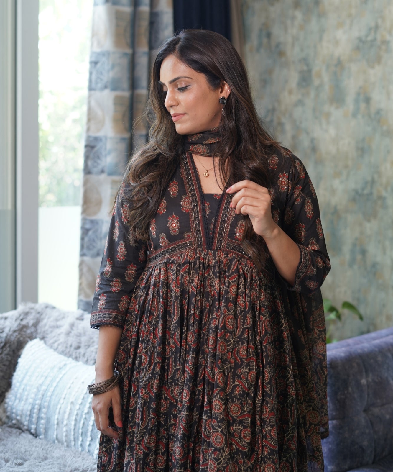 Brown Anarkali Suit with Pants in Cotton Fabric