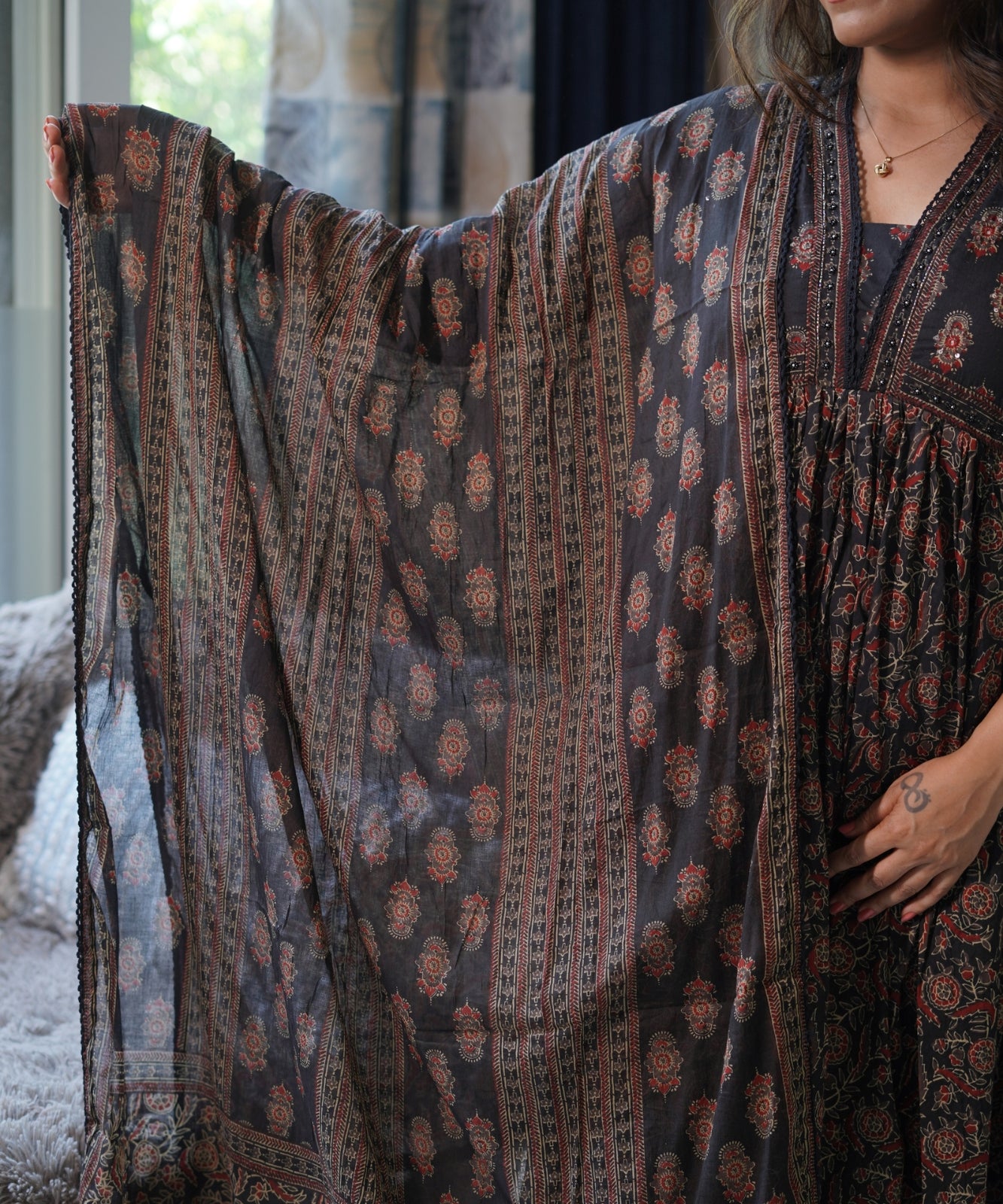 Brown Anarkali Suit with Pants in Cotton Fabric