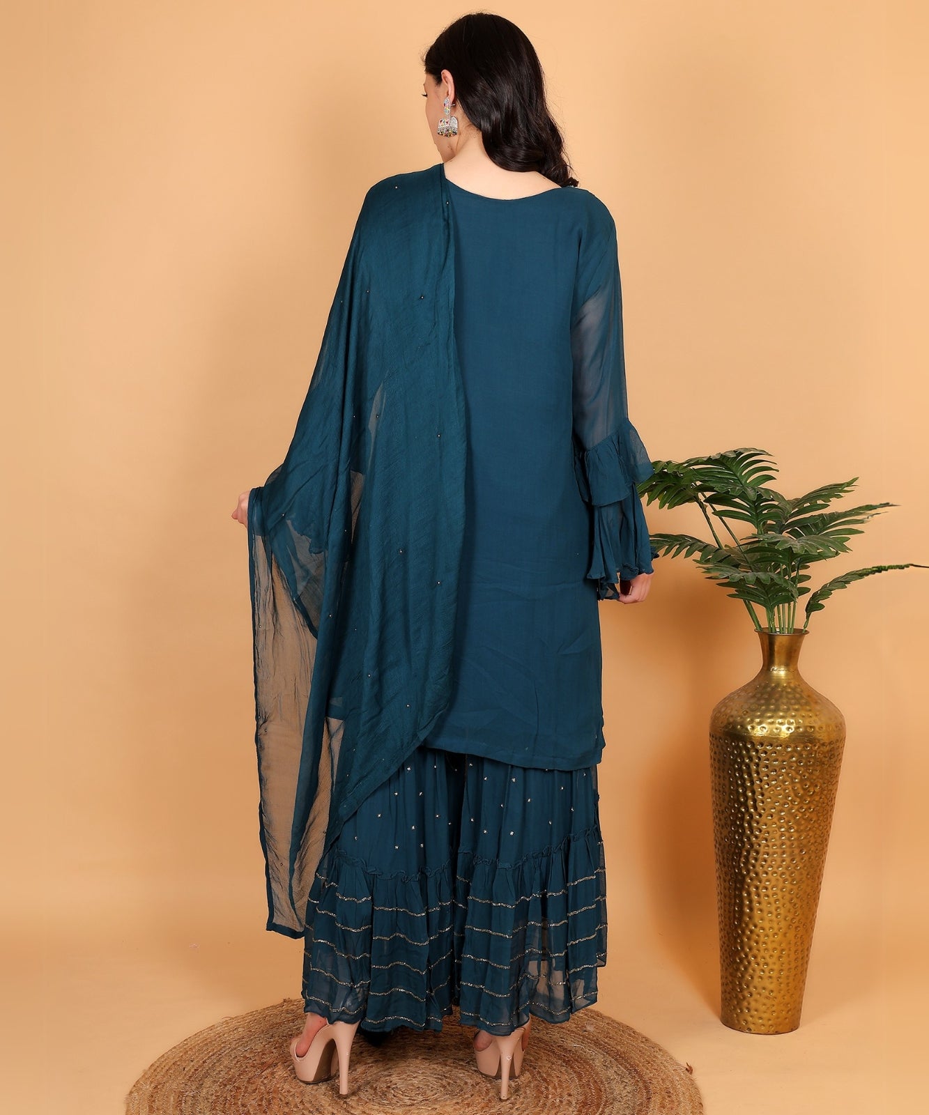 Teal Green Suit with Sharara in Georgette with Hand Embroidery
