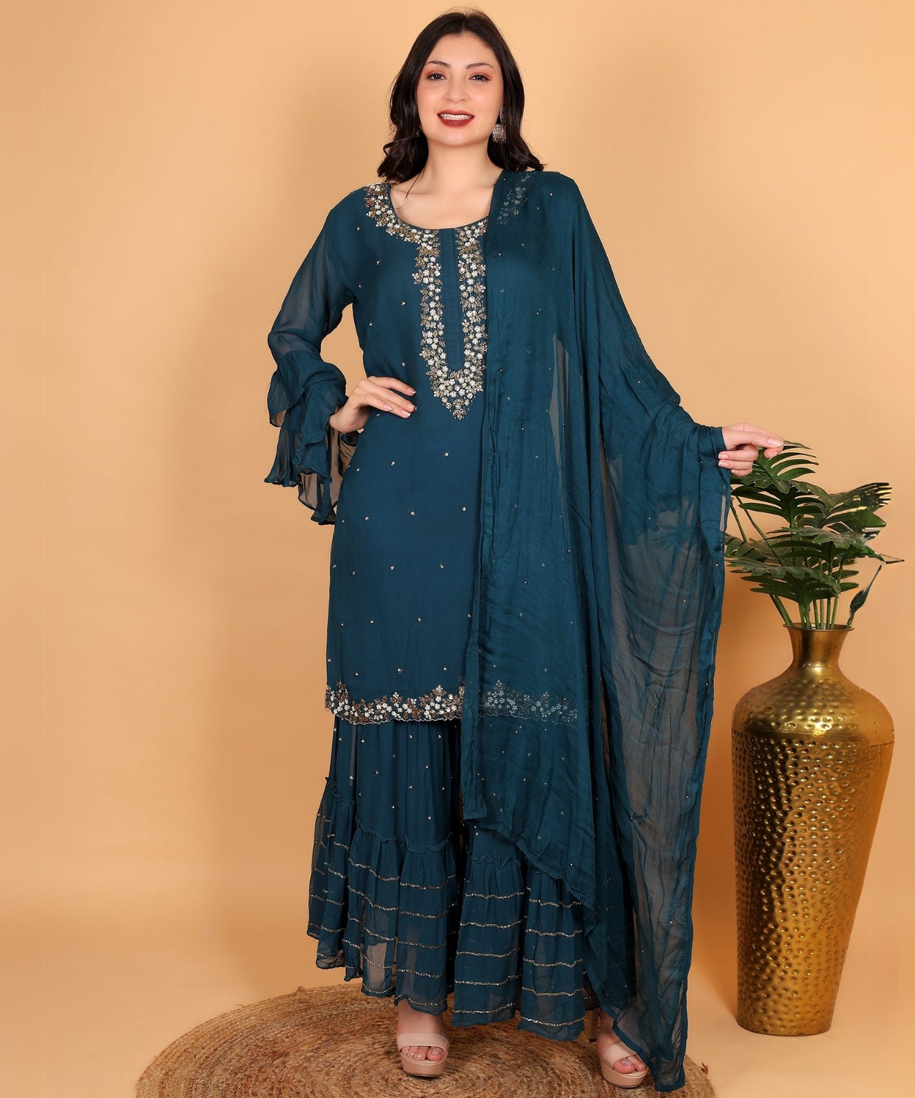 Teal Green Suit with Sharara in Georgette with Hand Embroidery