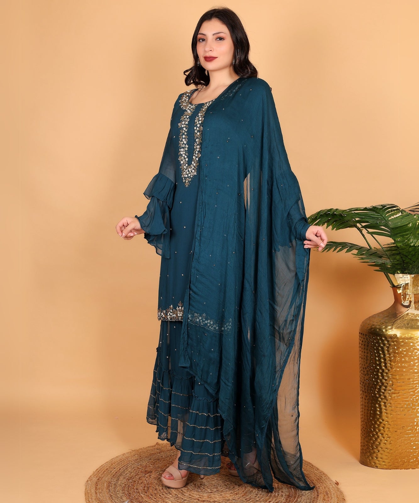 Teal Green Suit with Sharara in Georgette with Hand Embroidery