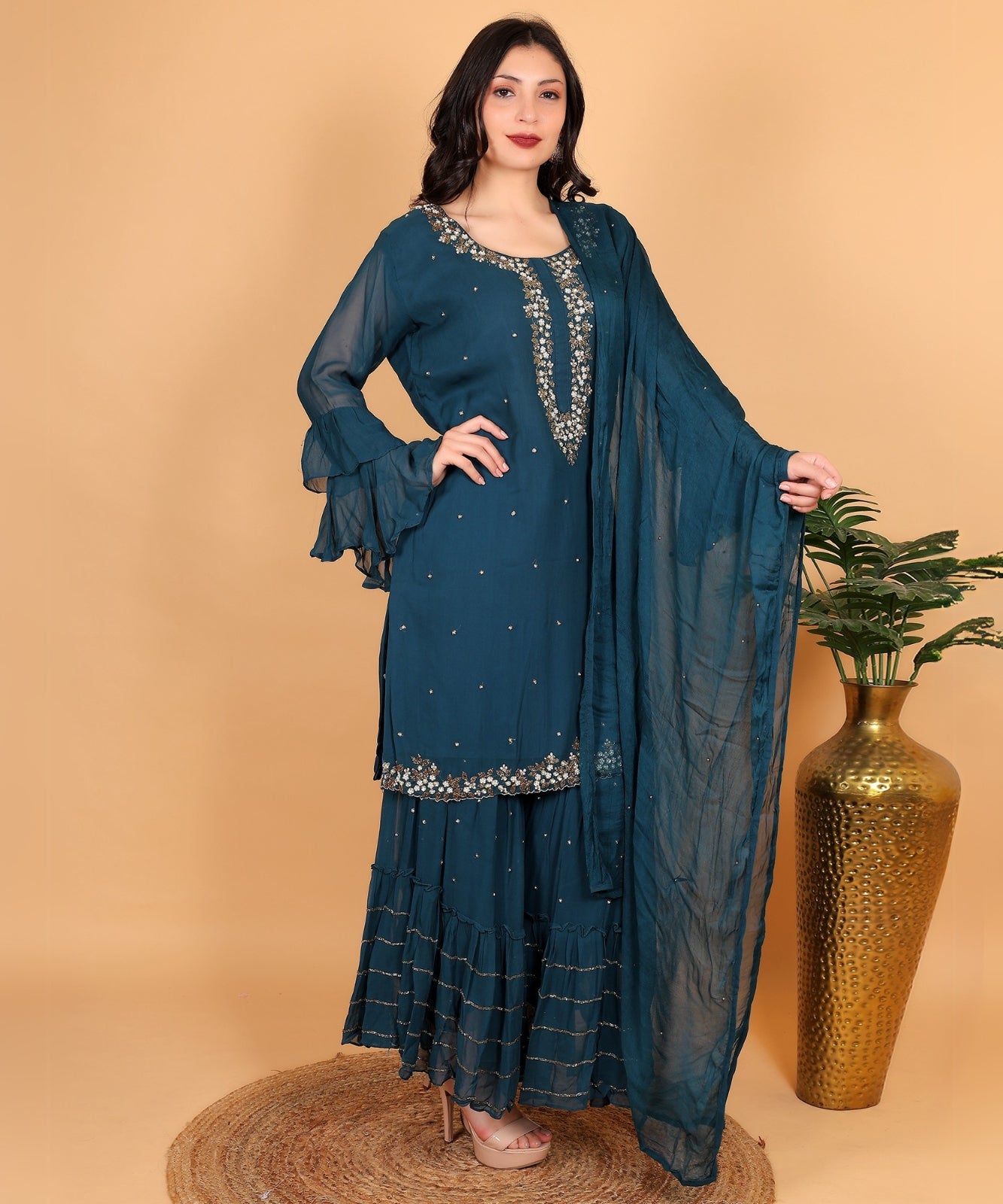 Teal Green Suit with Sharara in Georgette with Hand Embroidery