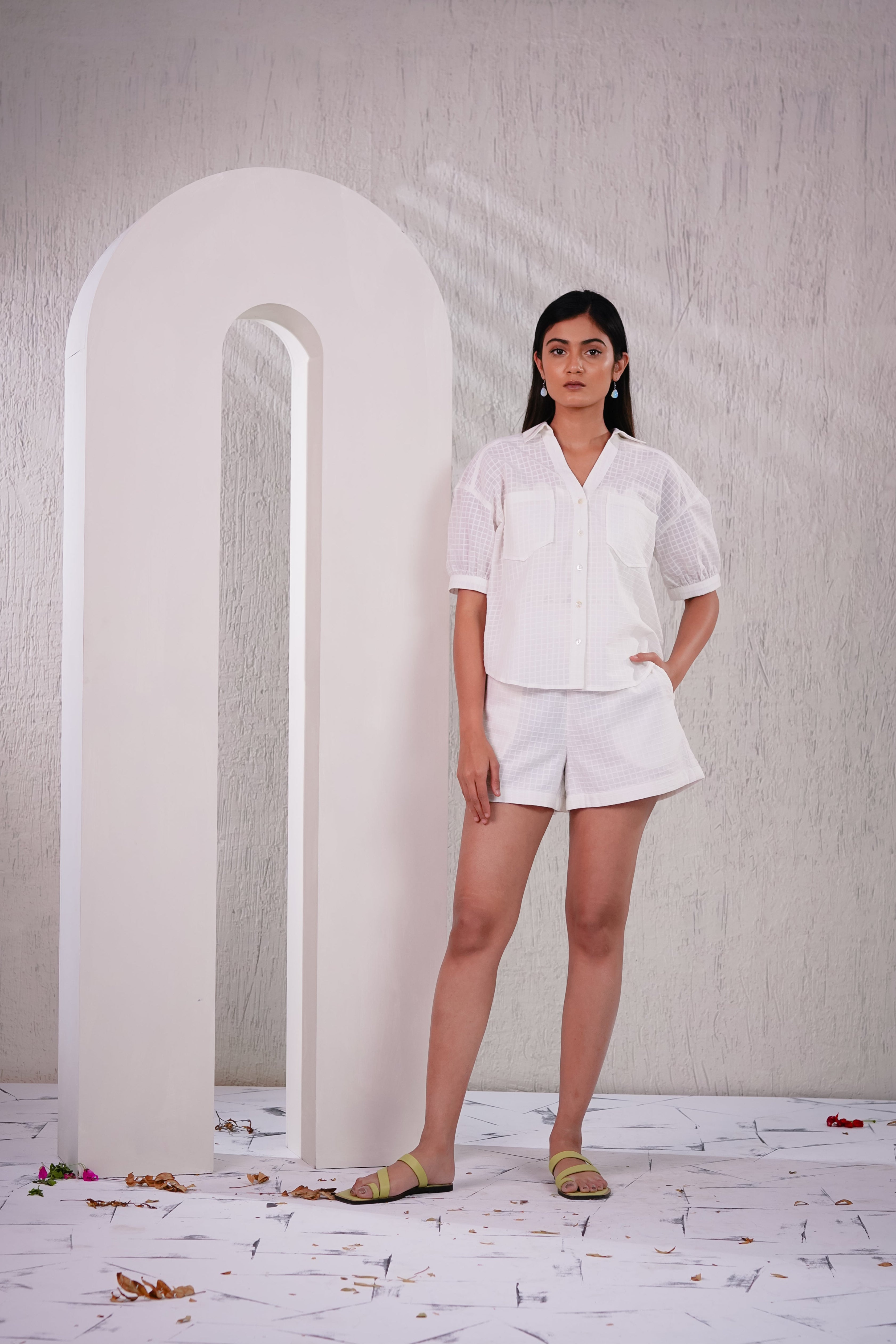 WATER LILY - White Self Checks Shirt with Shorts Co-ord