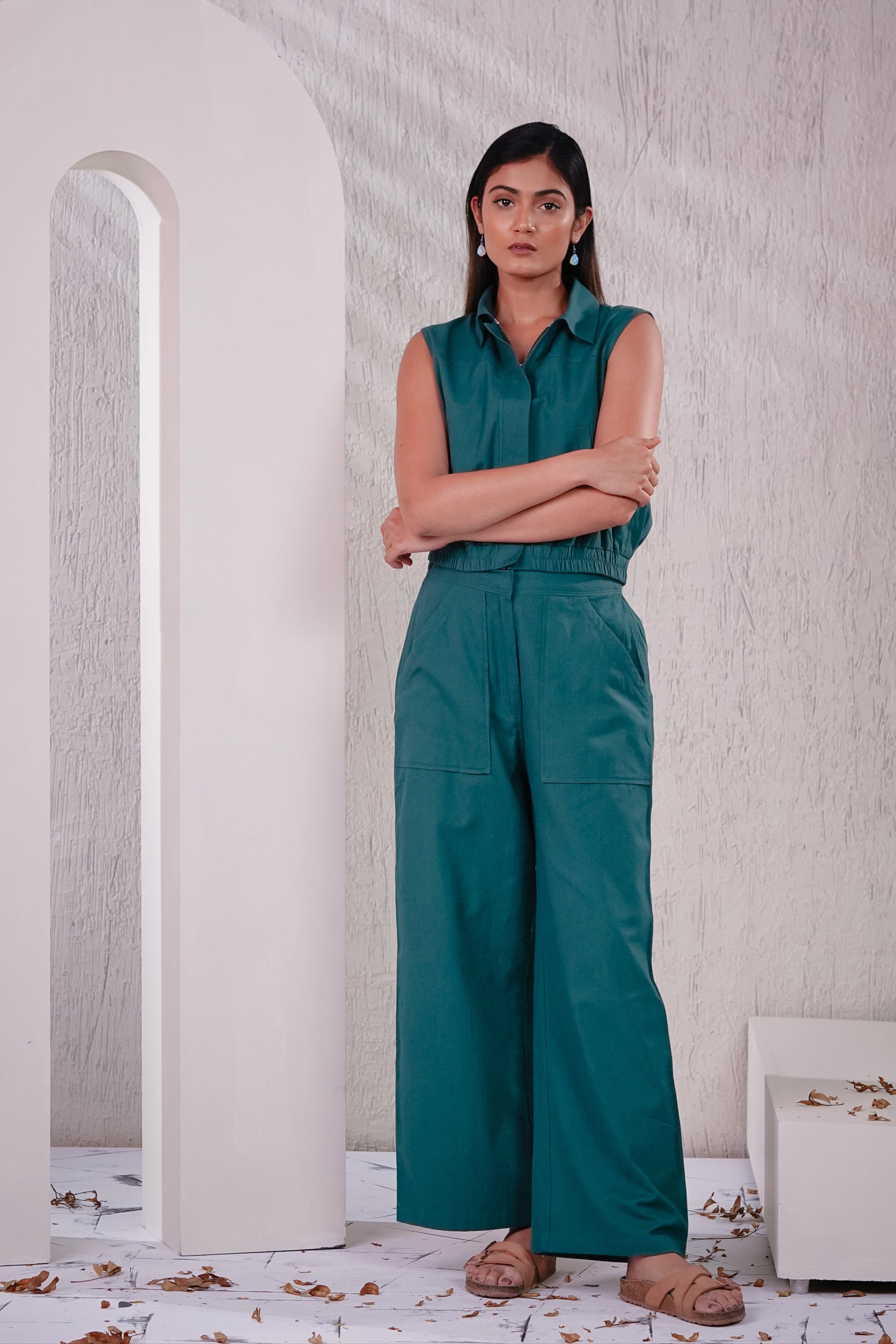 JASMINE - Teal Green Zipper Crop Cargo Set