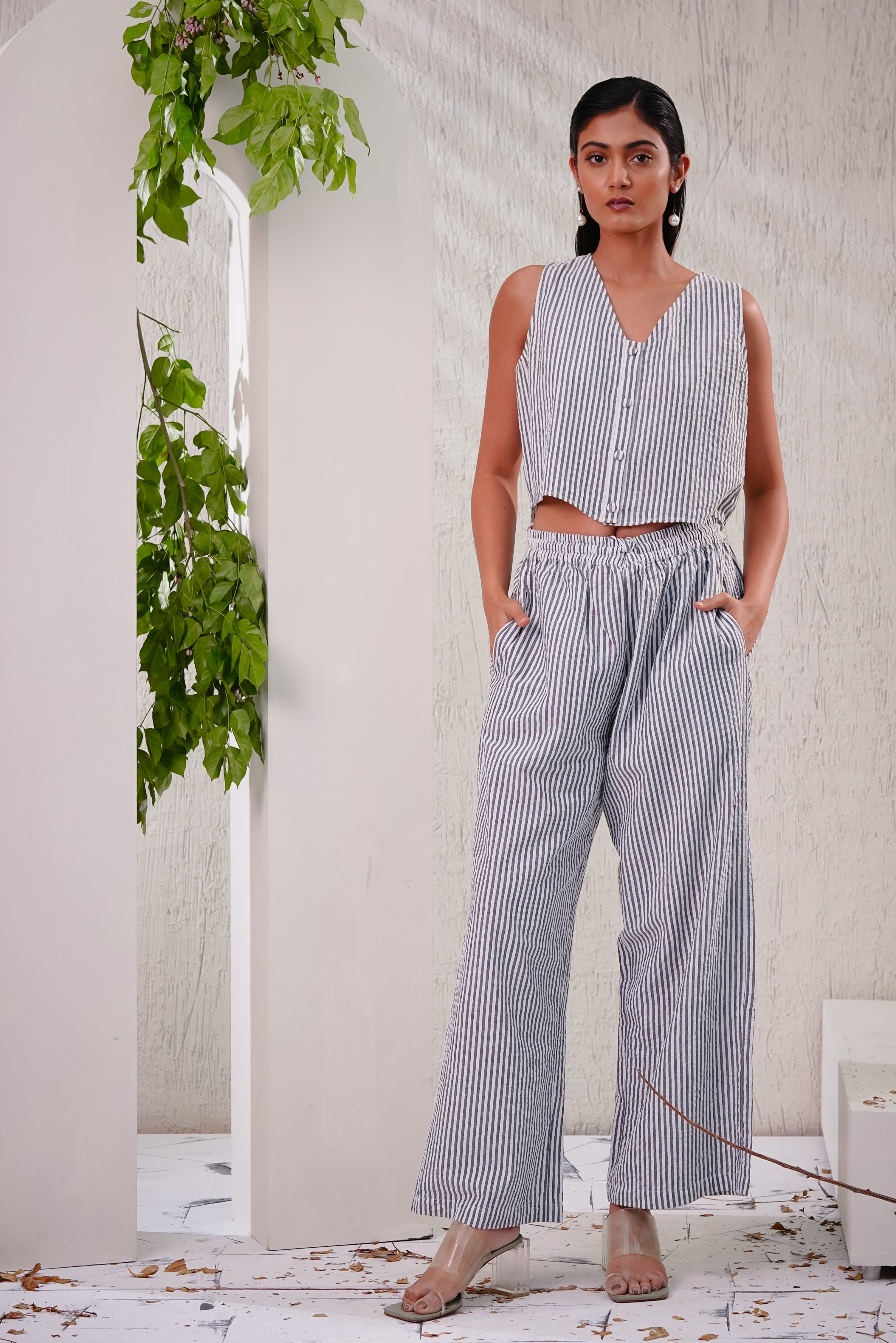 LAVENDER - Stripe Buttoned Crop Top with Pajama Pants