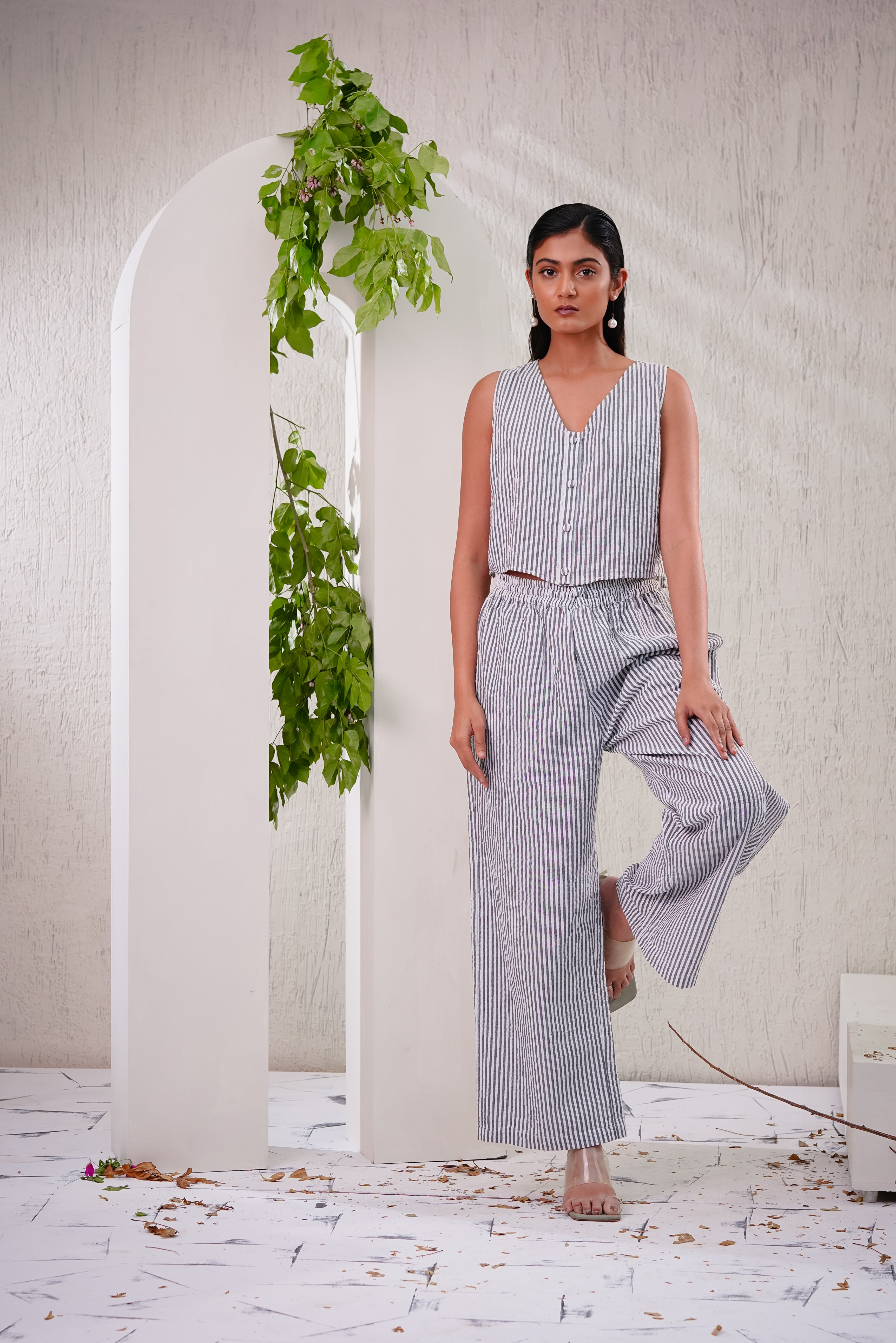 LAVENDER - Stripe Buttoned Crop Top with Pajama Pants