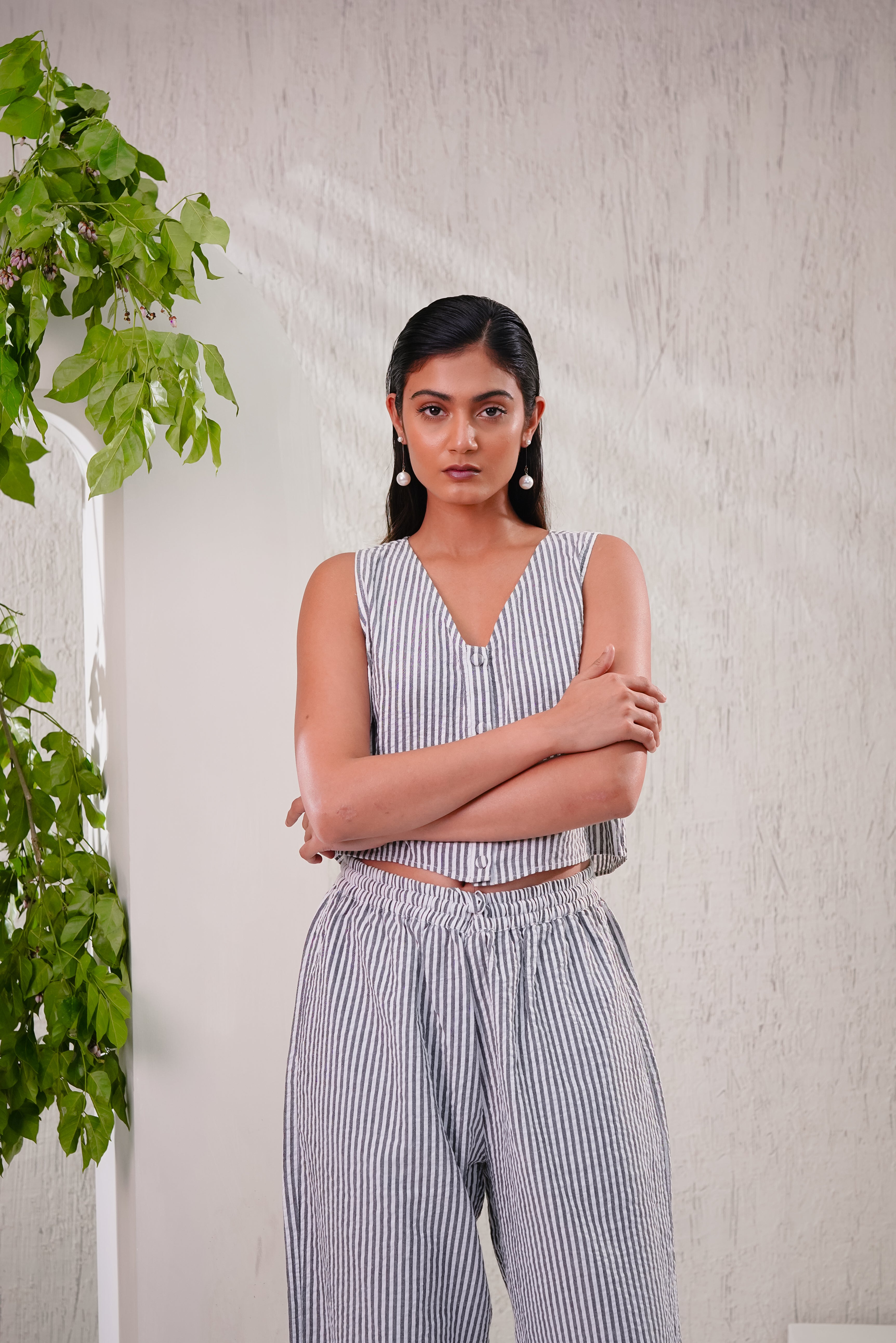LAVENDER - Stripe Buttoned Crop Top with Pajama Pants