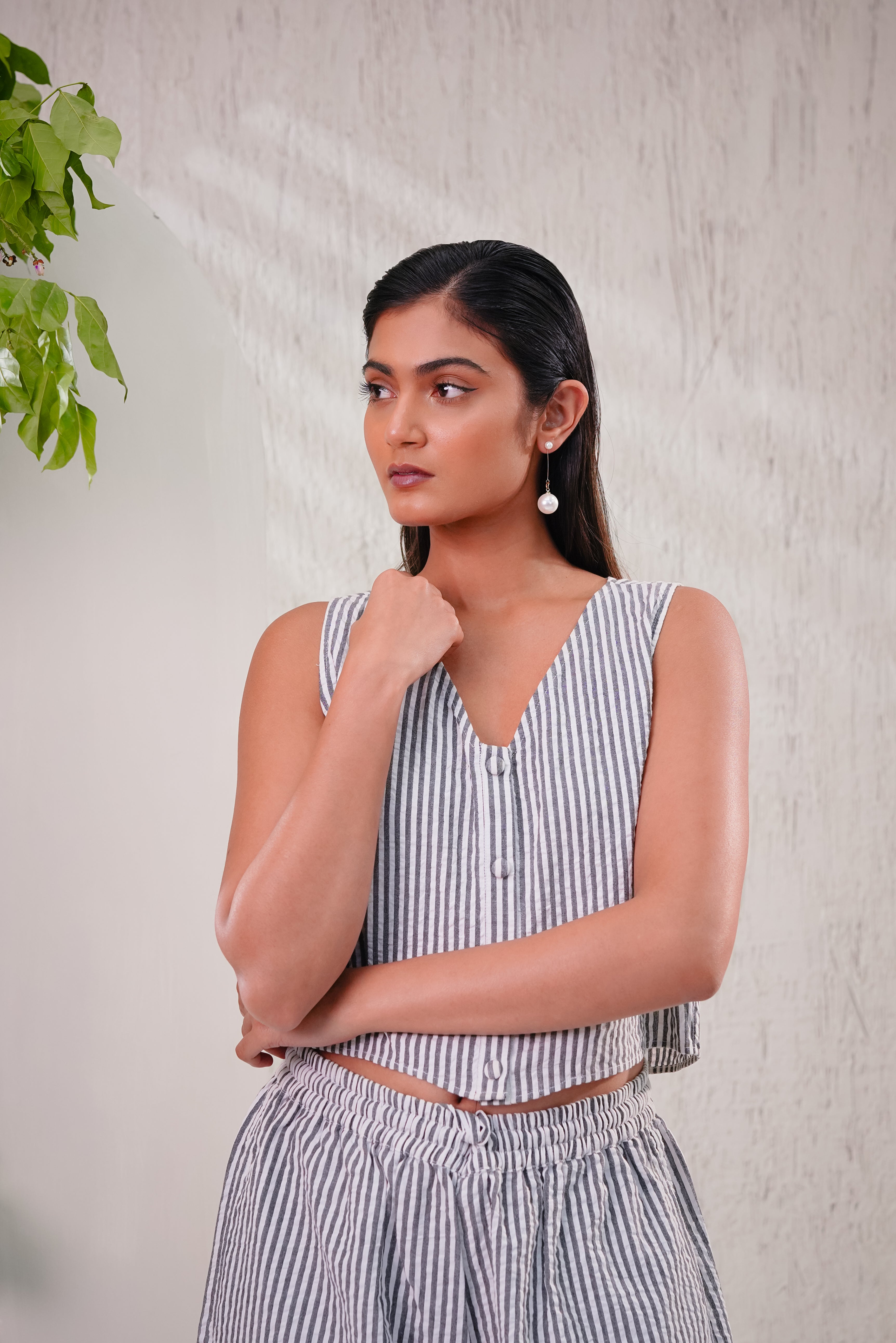 LAVENDER - Stripe Buttoned Crop Top with Pajama Pants