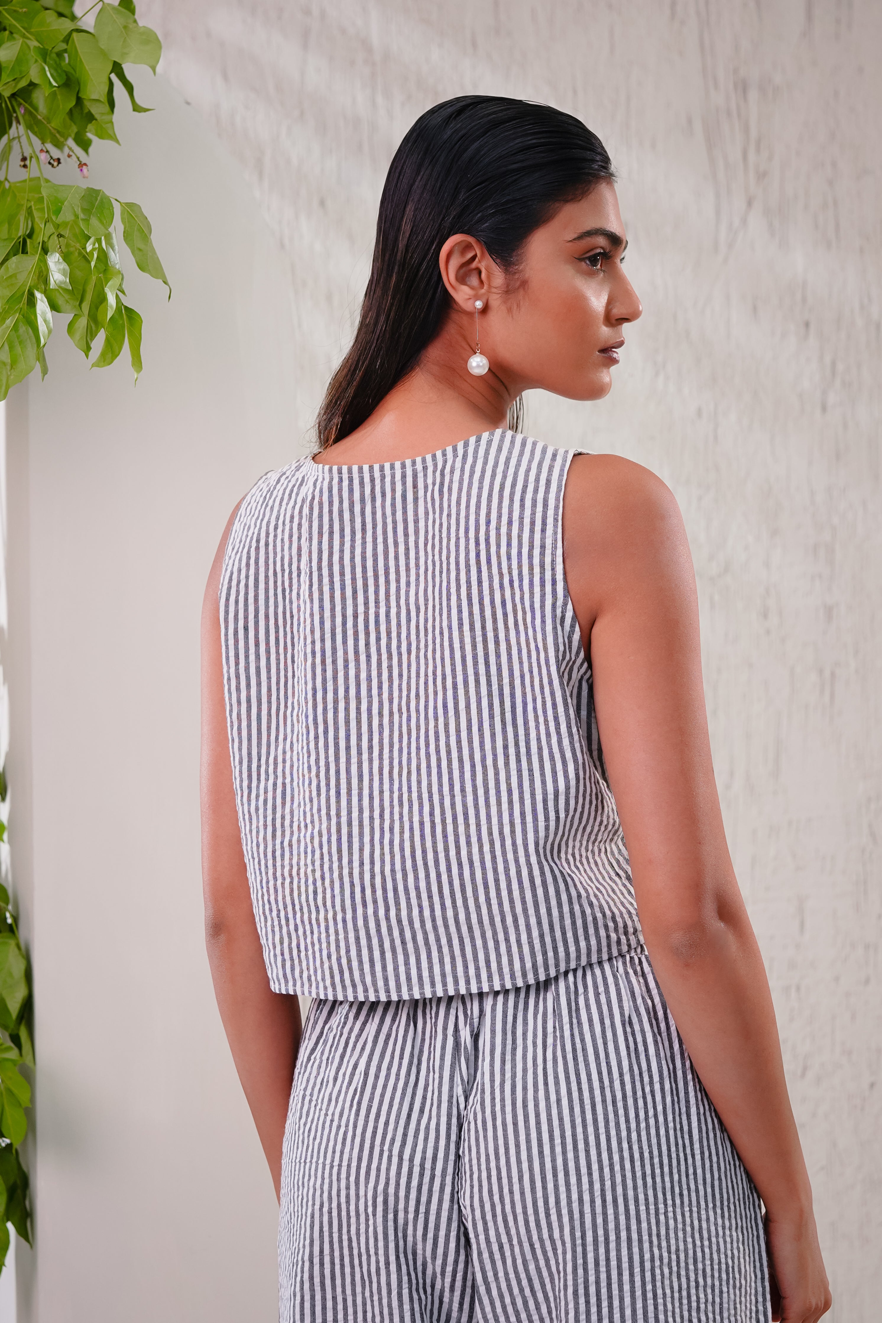 LAVENDER - Stripe Buttoned Crop Top with Pajama Pants