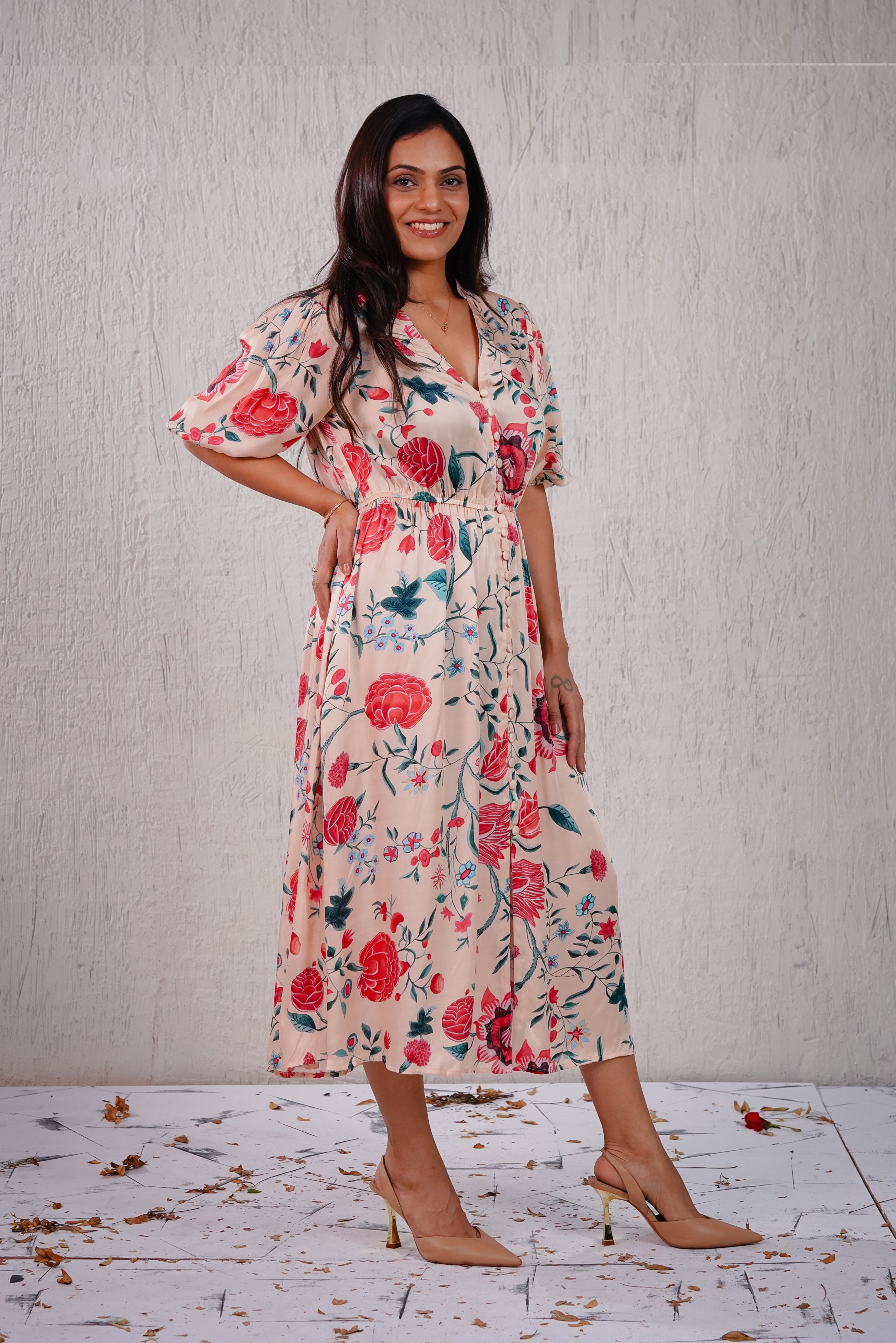 PEONY - Cream Floral Midi Dress