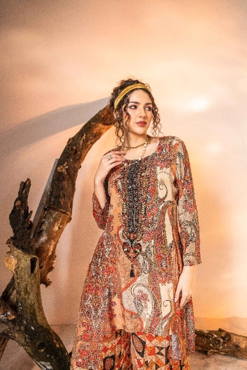 Rust Multi Co ord Set in Crepe Fabric