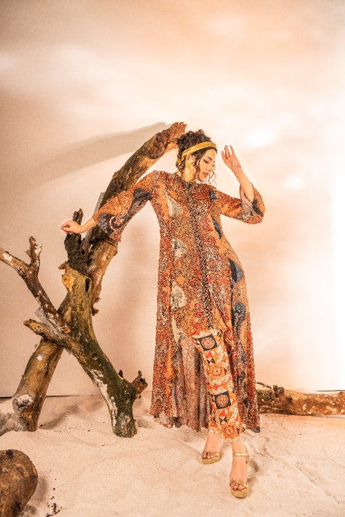 Rust Multi Co ord Set in Crepe Fabric