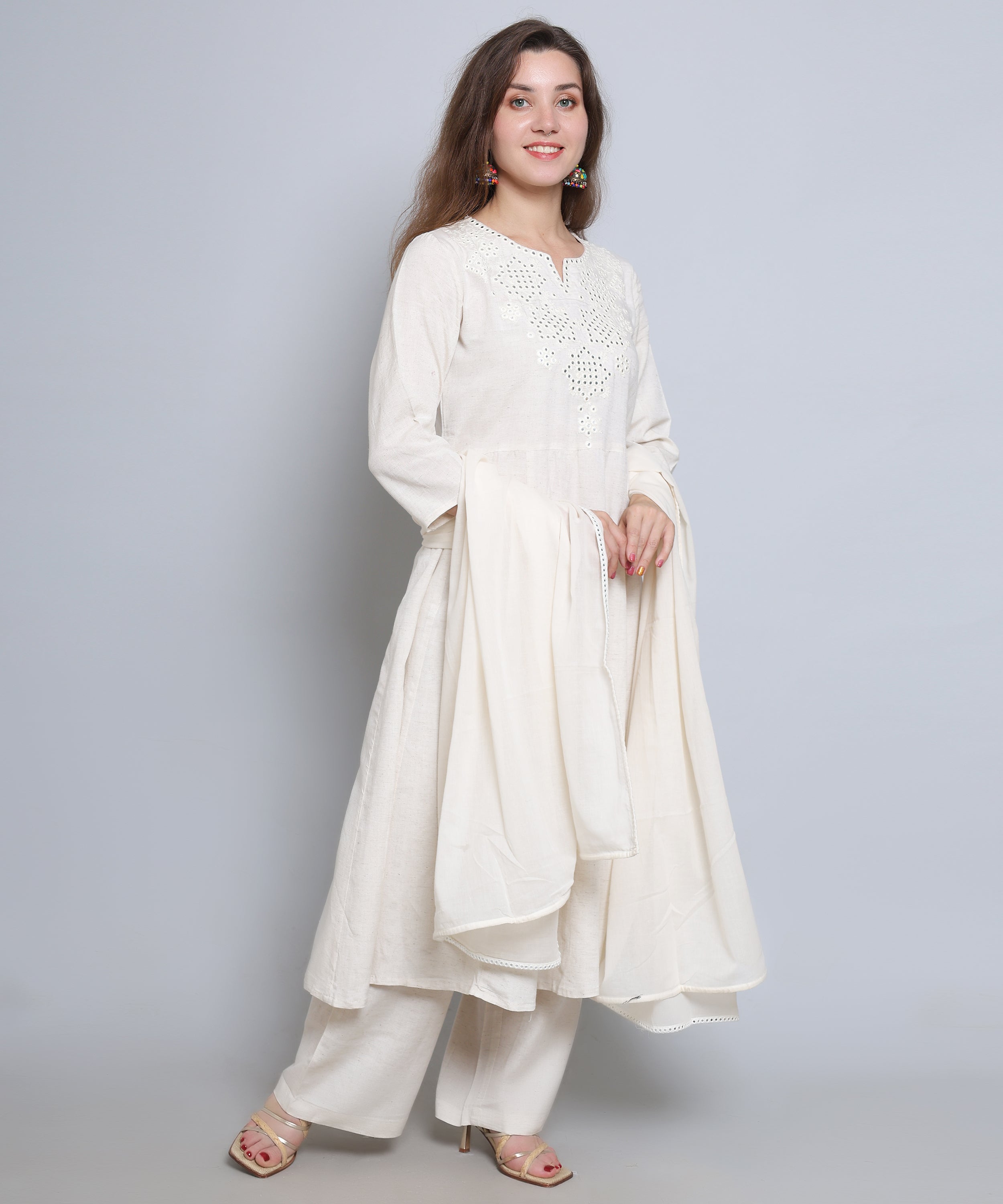 White Naira cut Suit with Palazzo in Khadi Cotton