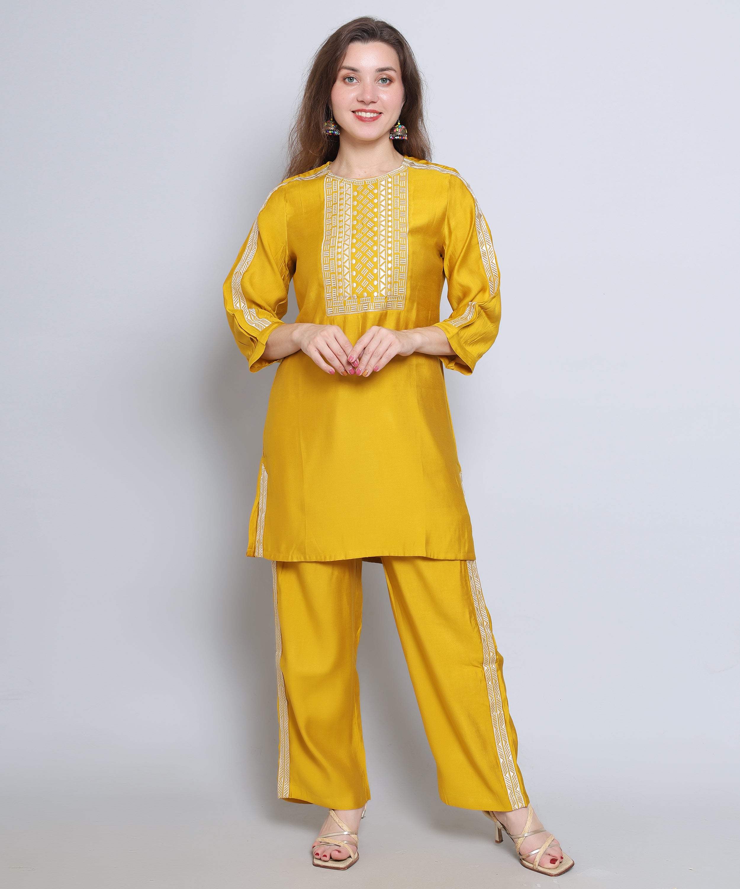 Yellow co ord set with Embroidery in Rayon Cotton