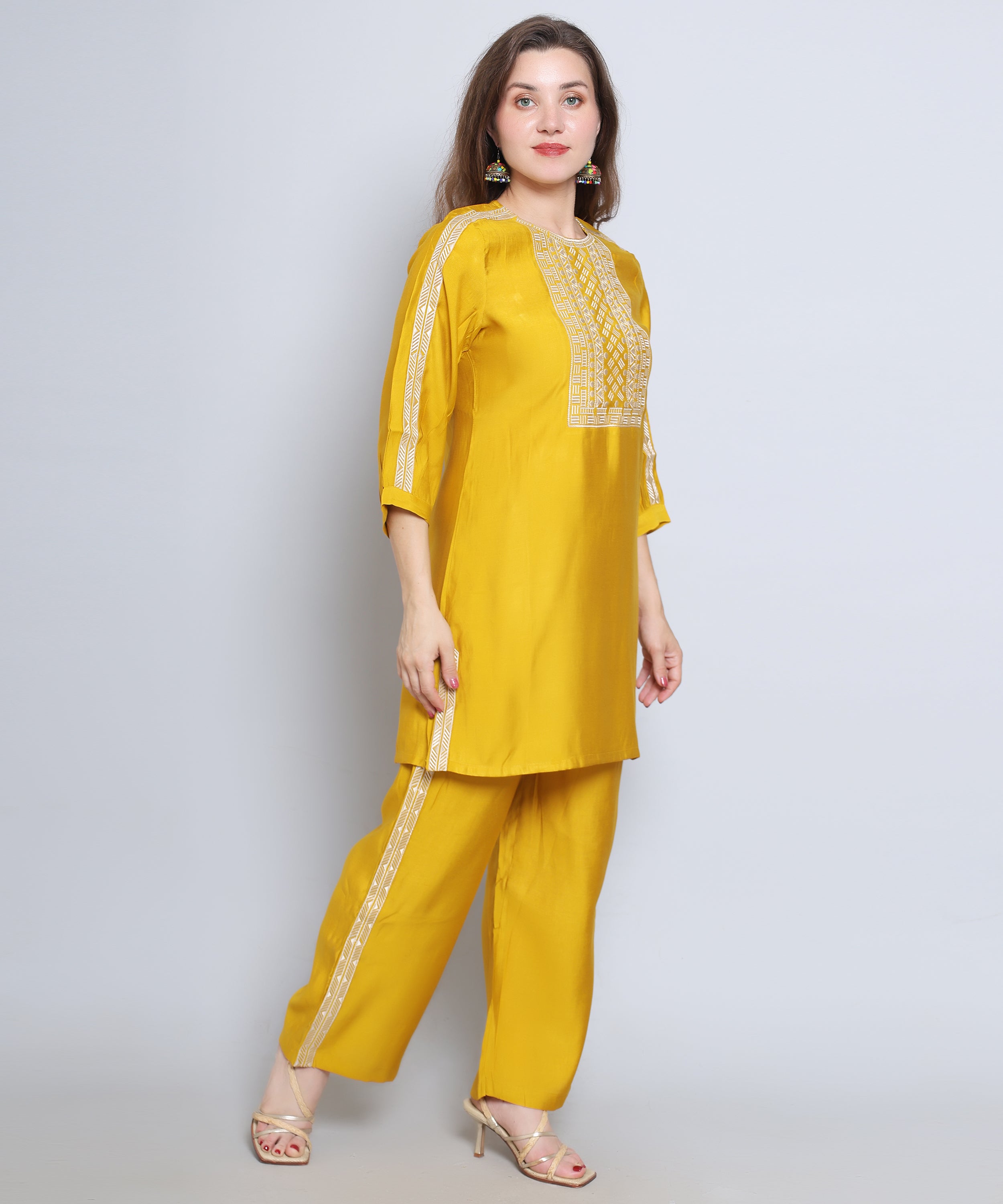 Yellow co ord set with Embroidery in Rayon Cotton