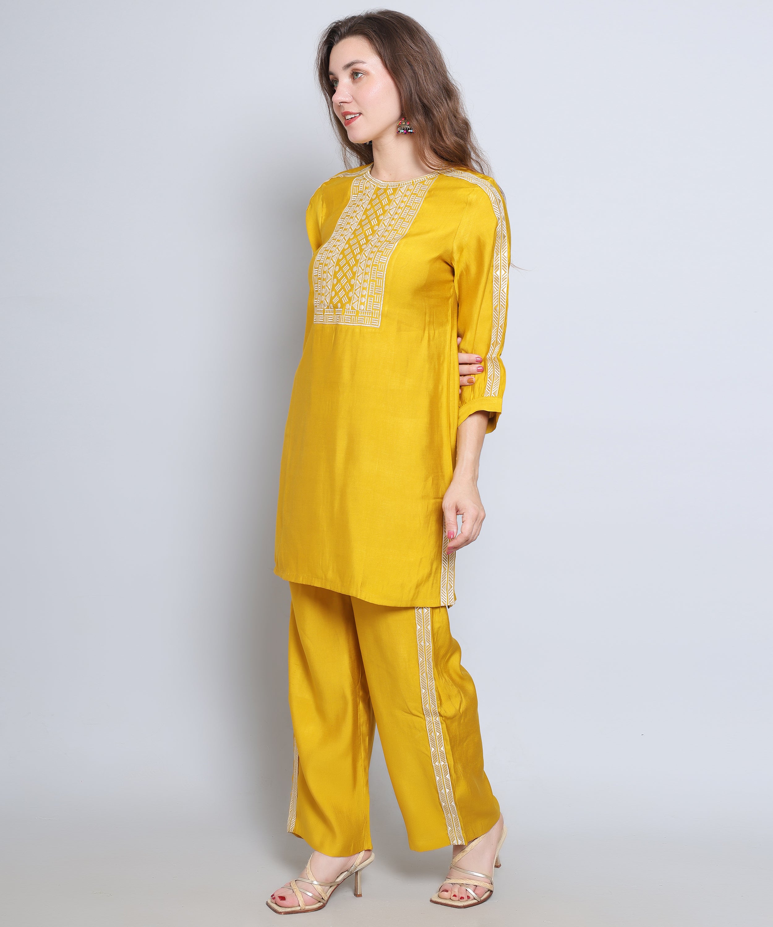 Yellow co ord set with Embroidery in Rayon Cotton
